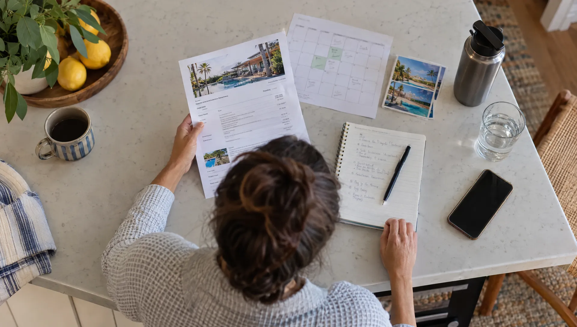 A traveler compares a rental quote, calendar, and notes about pool heating and arrival arrangements.