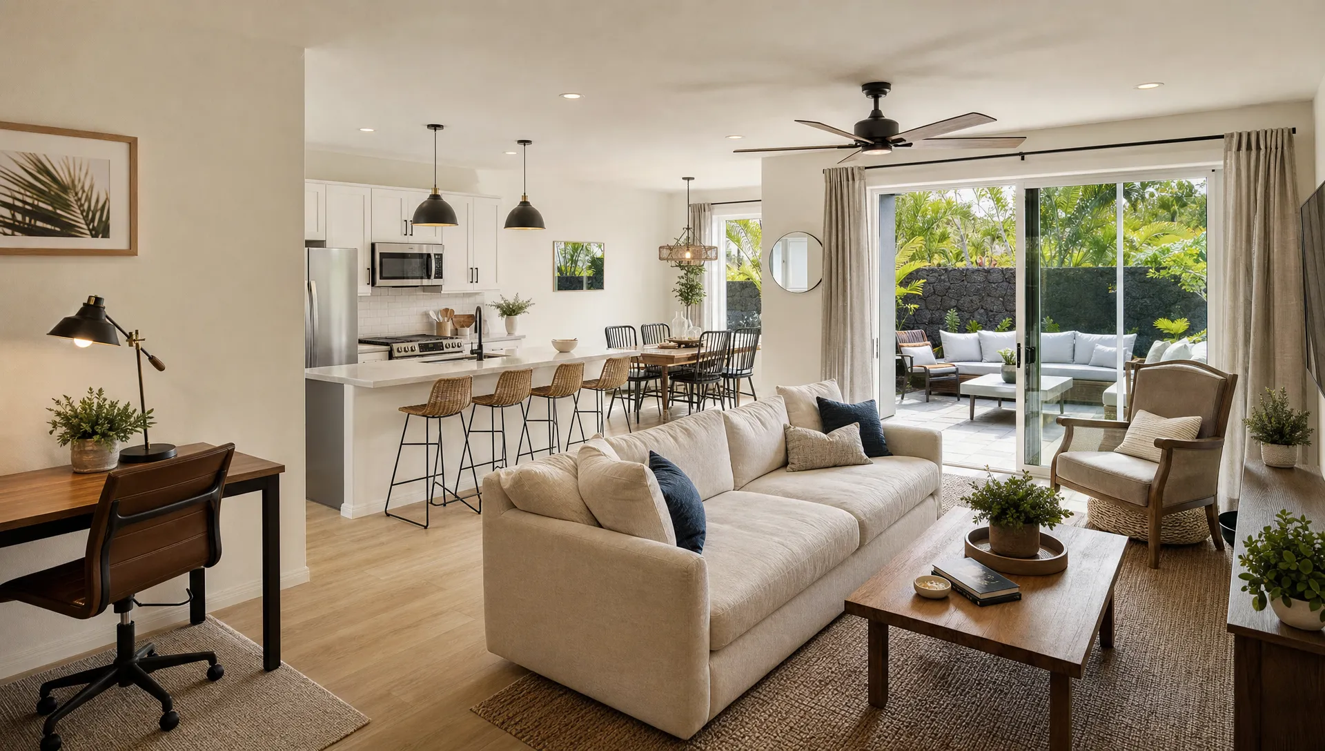 A private luxury home shows a bright workspace, comfortable living area, open kitchen, and patio ready for short term rental accommodation.