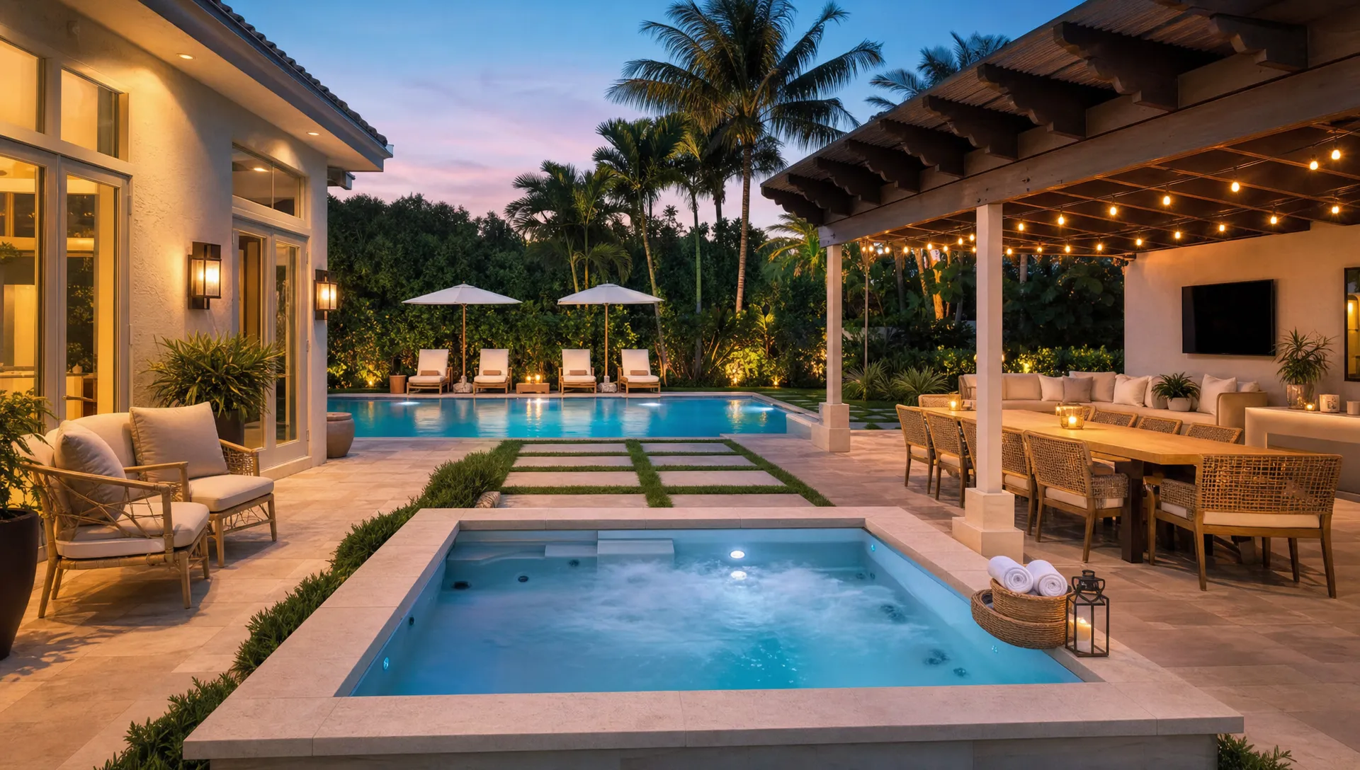 A private backyard at one of the best rental vacation homes, with a pool, hot tub, shaded dining table, lounge seating, and evening lighting prepared for a luxury family stay.