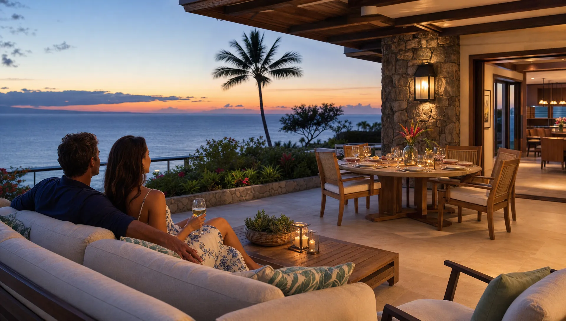 A couple relaxing on a private patio at a luxury vacation home with ocean air, comfortable outdoor furniture, a prepared dining table, and warm lighting for a quiet evening away from resort crowds.