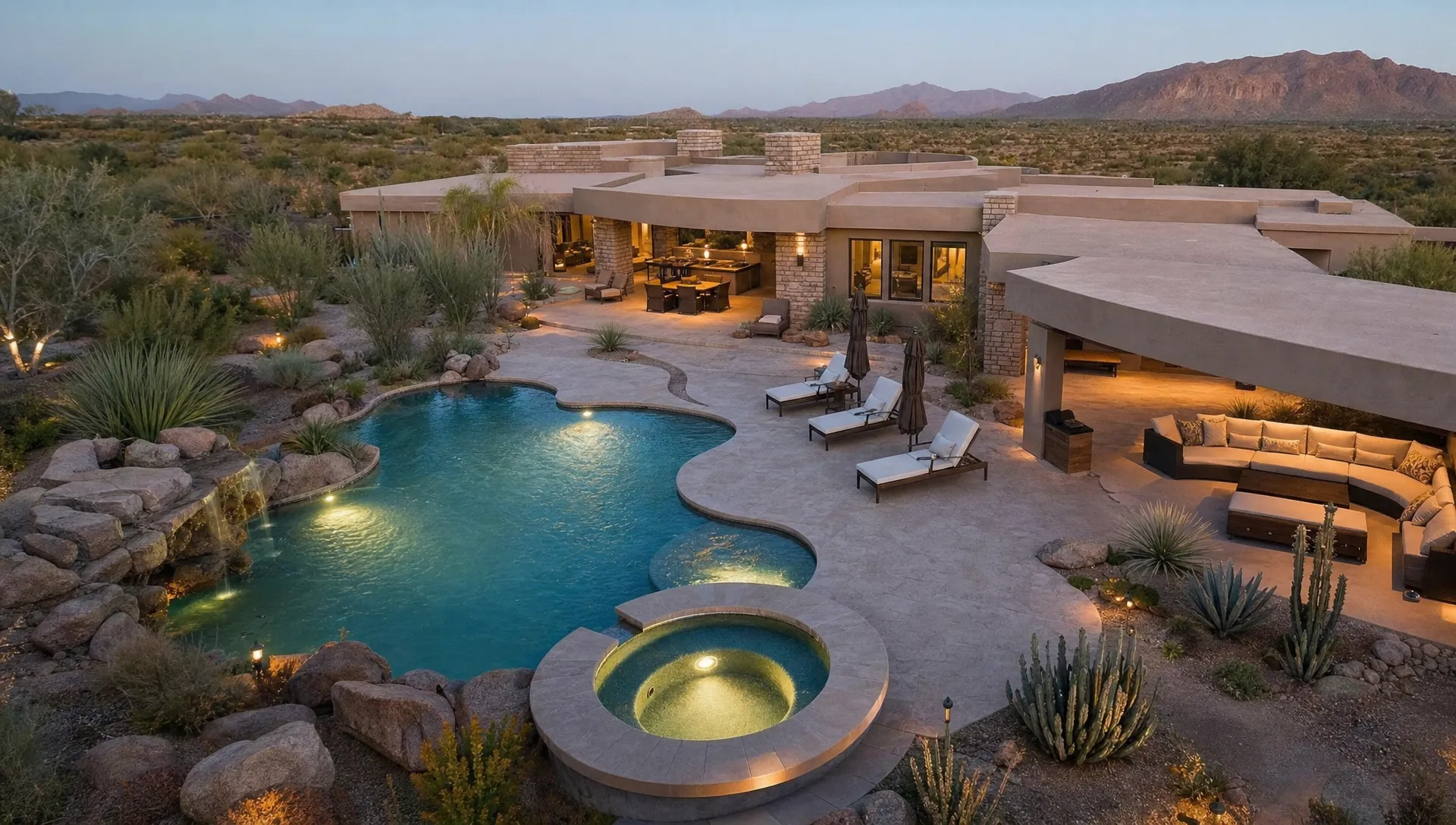 A wide aerial scene of a private luxury vacation home with a secluded backyard, pool, hot tub, covered lounge area, and desert landscaping, with no neighboring guests visible, emphasizing privacy, space, and a resort-like stay without shared amenities.