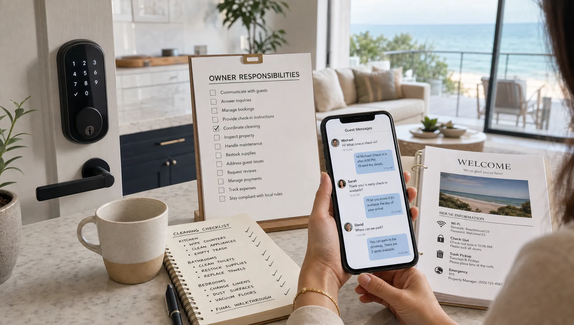 Luxury homeowner comparing vacation rentals by owner responsibilities with managed property support, showing a kitchen counter with a cleaning checklist, a smart lock at the door, and a phone displaying guest messages next to a set of house instructions.
