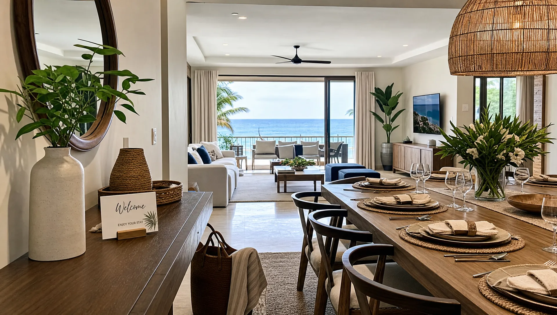 A wide coastal living-and-dining scene inside a private luxury vacation home, with large windows opening toward an ocean view, a set dining table in the foreground, and a subtle welcome setup near the entry, showing a refined stay that feels private, organized, and ready for guests.
