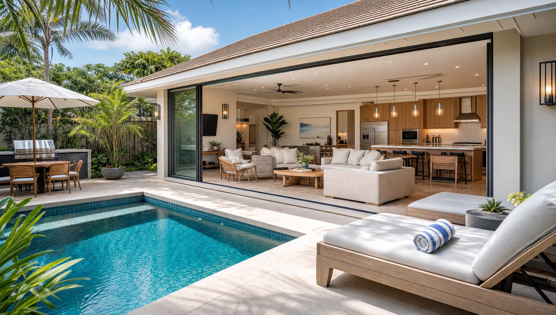 Private pool and outdoor lounge at a luxury short term rental with open patio doors leading into a bright living room and full kitchen