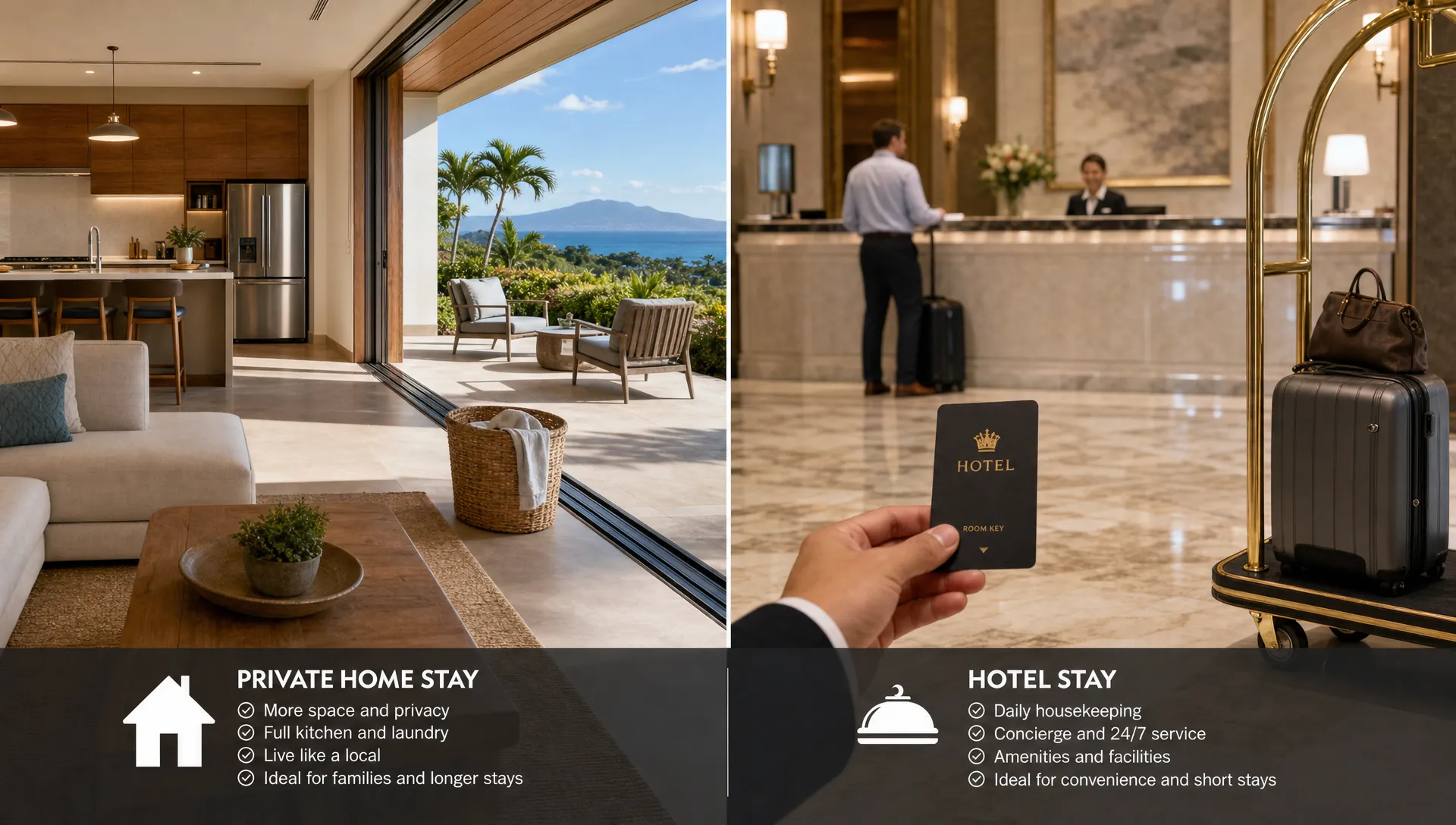 A wide conceptual travel scene comparing a private luxury home stay and a hotel stay side by side: on one side, an elegant vacation home interior opens to a private patio with a kitchen, laundry basket, and quiet outdoor seating; on the other side, a refined hotel lobby edge with a small room key card and luggage trolley. The split composition should clearly show the tradeoff between space and privacy versus staffed convenience, with no desk-focused office feel.