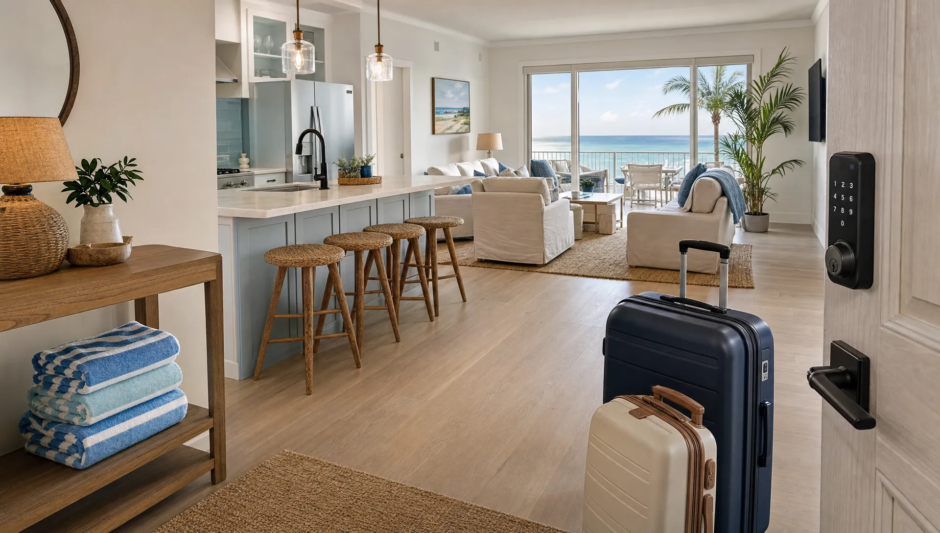 A coastal kitchen and living room are ready for arrival with luggage near the entry, folded beach towels and a smart lock on the door.