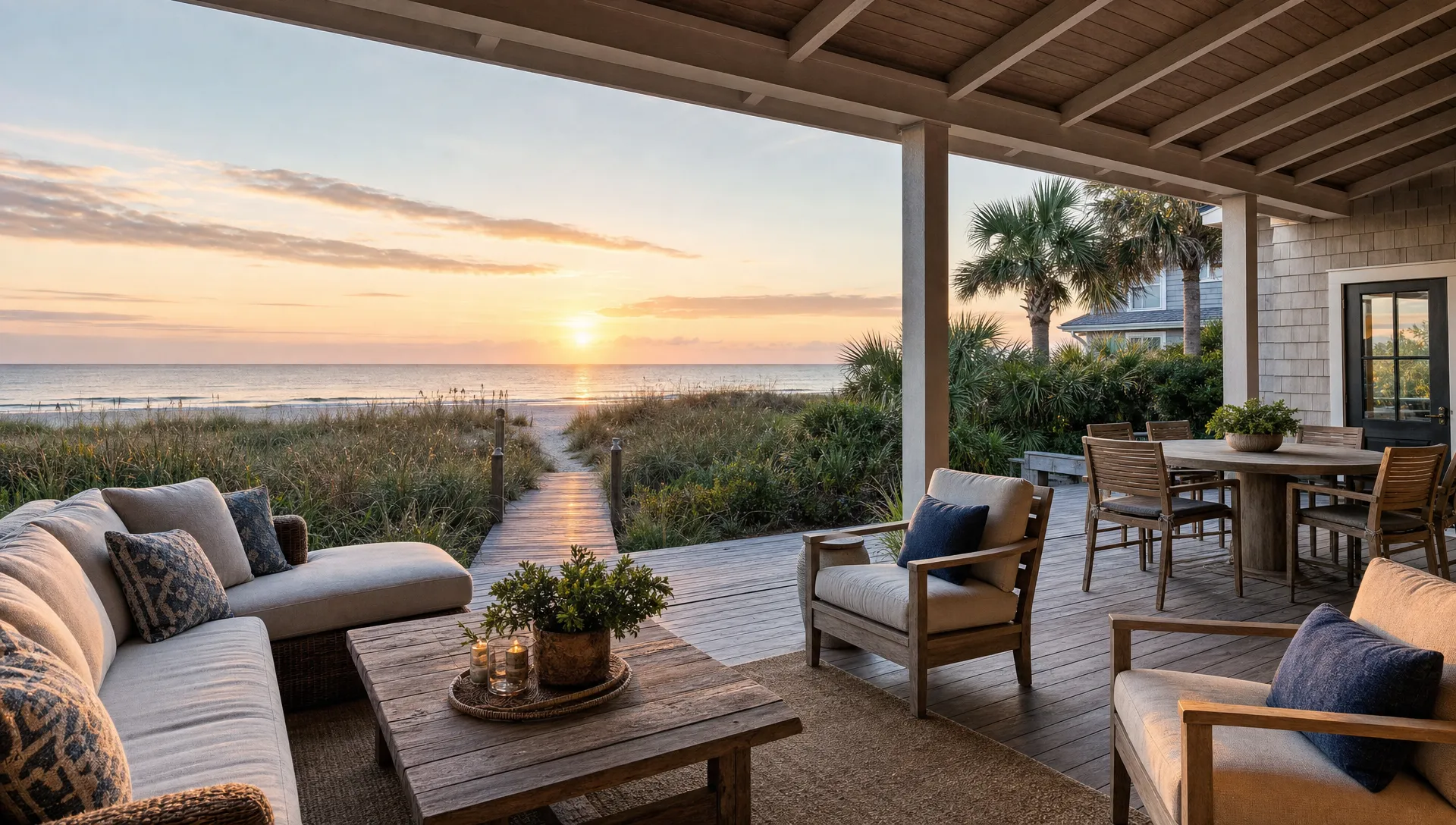A private beach house patio has lounge seating, a dining table and a path leading toward the beach.