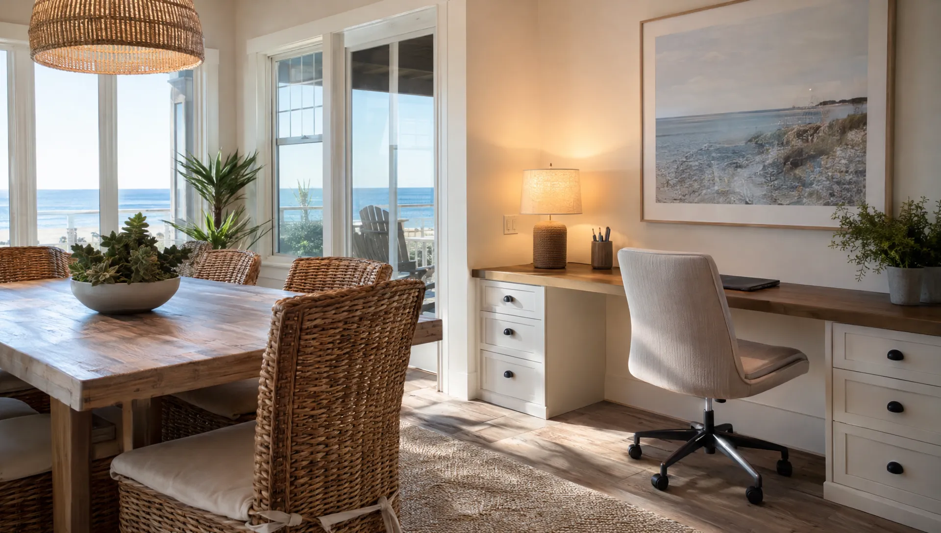 A desk and supportive chair beside the dining area provide a separate workspace in a private coastal vacation home.
