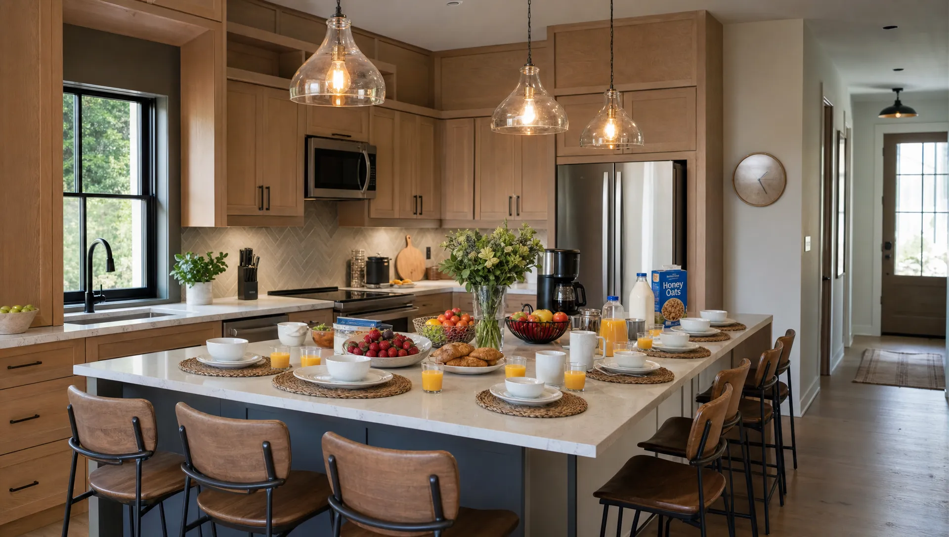 A family vacation rental kitchen set up for group breakfast with groceries, coffee and a large island for shared meals.