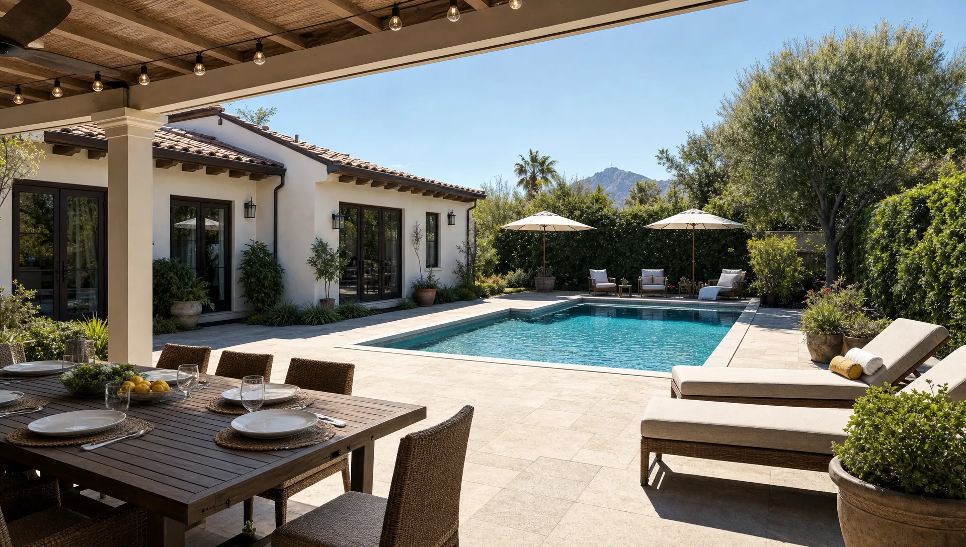 A private backyard pool beside shaded dining space and separate lounge areas for a family vacation rental.
