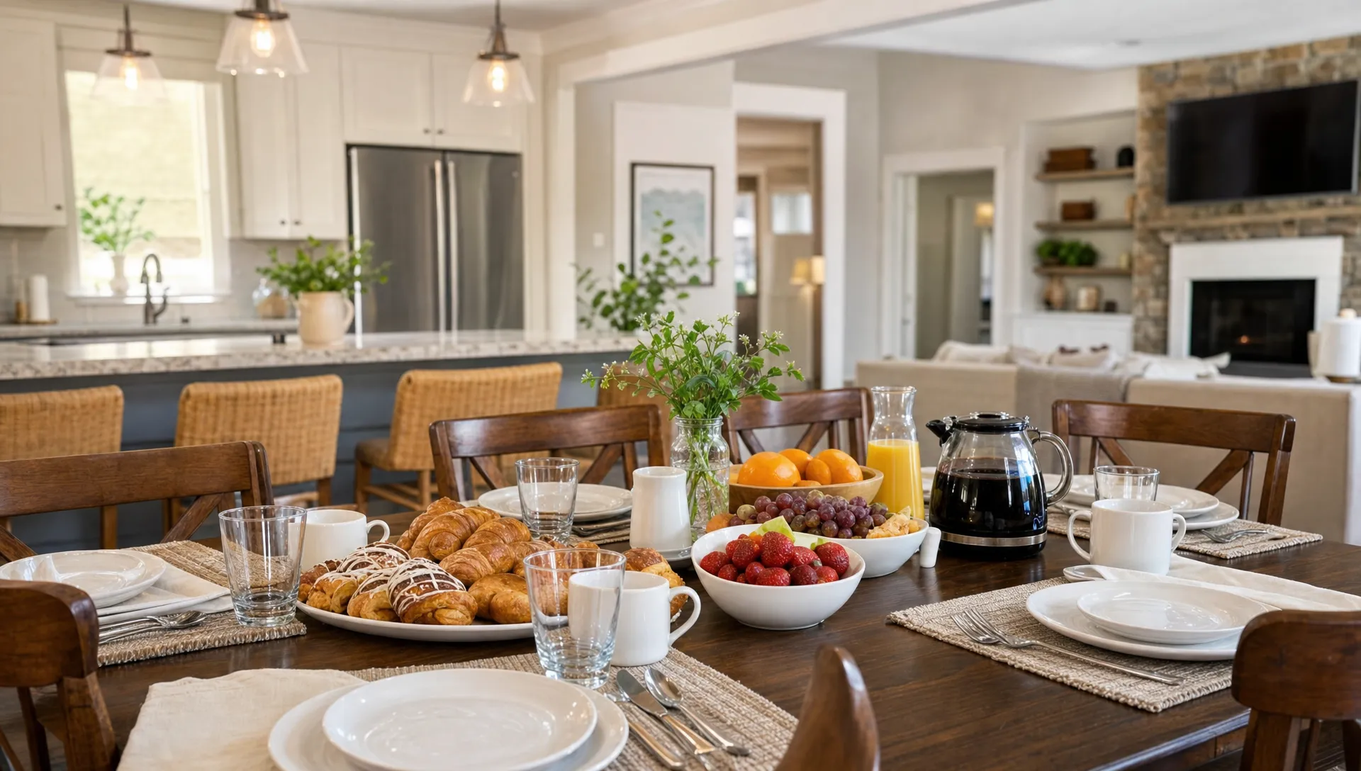 A family breakfast table in a private rental is set with coffee, fruit and place settings for a group meal.