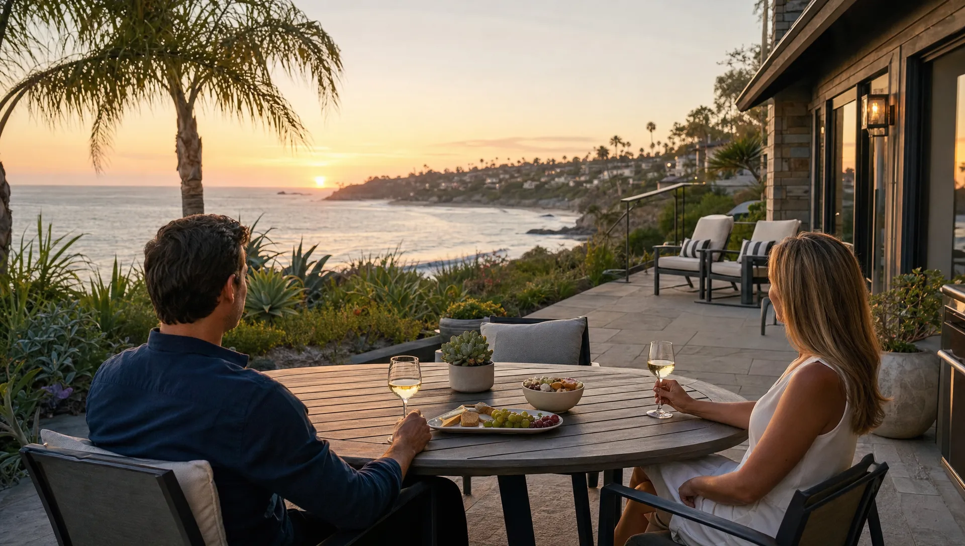 A couple relaxes on a private Laguna Beach patio with outdoor dining, coastal greenery, and space for a quiet evening.