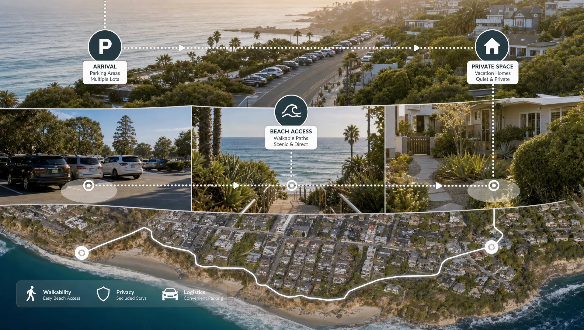 Abstract paths and home icons suggest Laguna Beach vacation rental planning around parking, beach access, and privacy.