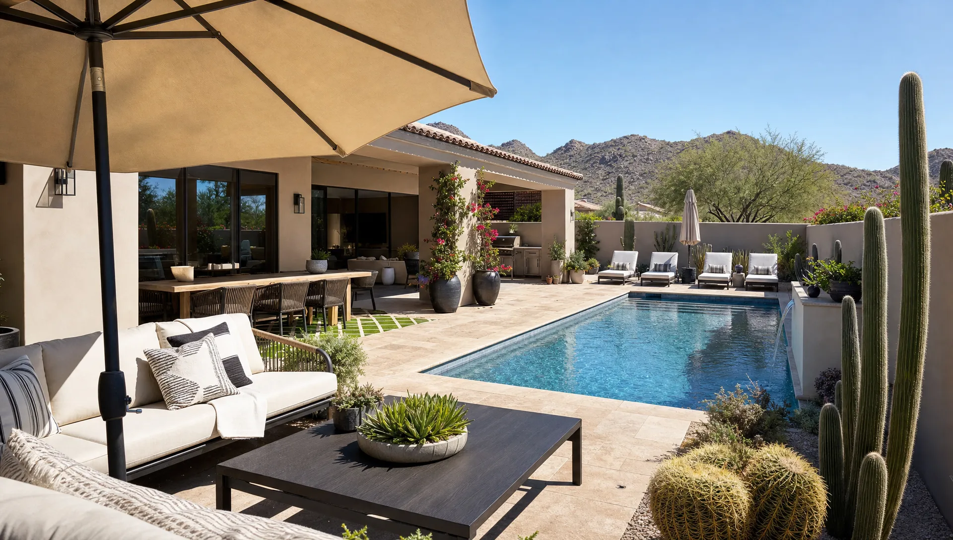Luxury backyard pool at a private Scottsdale vacation rental with shaded seating, desert landscaping, outdoor dining, and a quiet walled patio for guests seeking privacy.