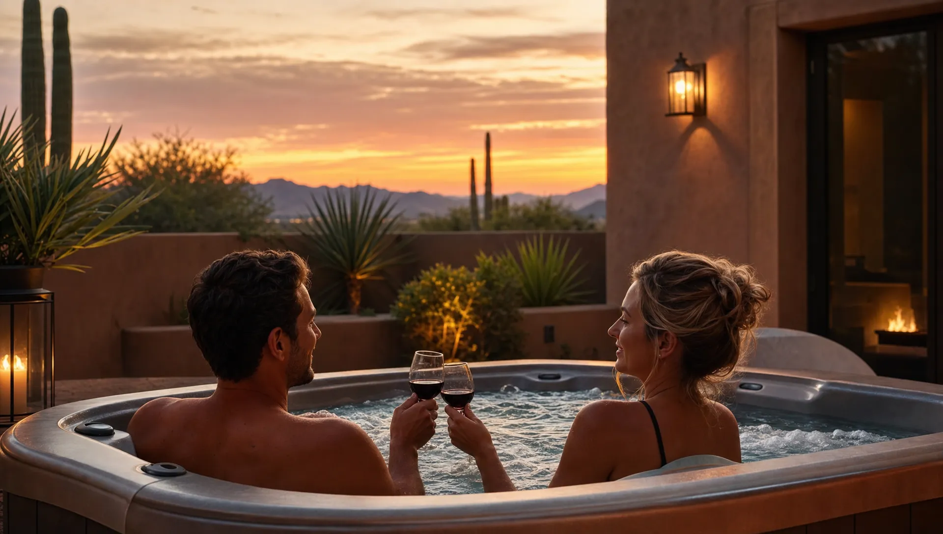 Couple relaxing in a private Scottsdale hot tub at sunset with desert plants, warm patio lighting, and no shared resort areas in view.