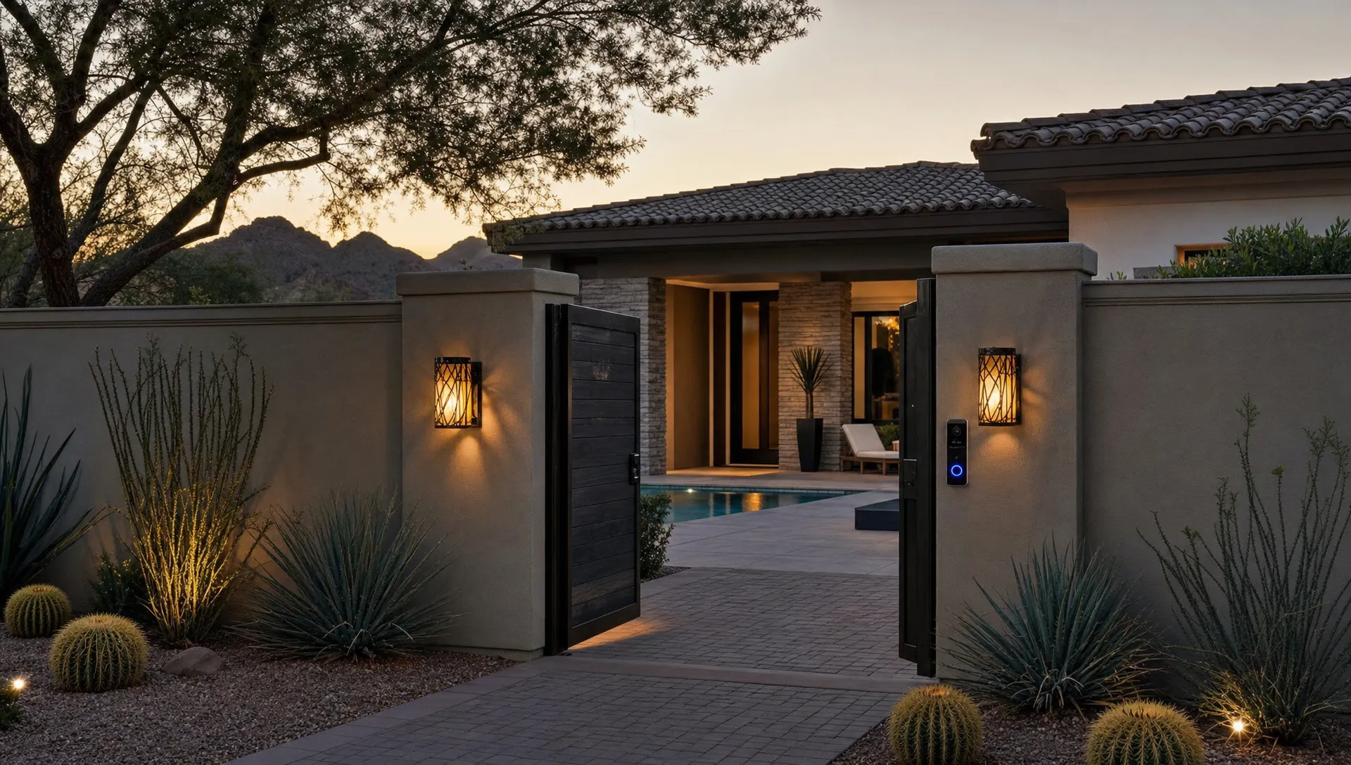 A wide conceptual scene of a quiet Scottsdale desert retreat entrance with a single private home gate, tall masonry walls, subtle desert landscaping, a lit smart lock at the front door, and a secluded backyard pool glimpsed beyond the house, with no people visible and no resort features in view, conveying privacy, controlled access, and a calm luxury stay.
