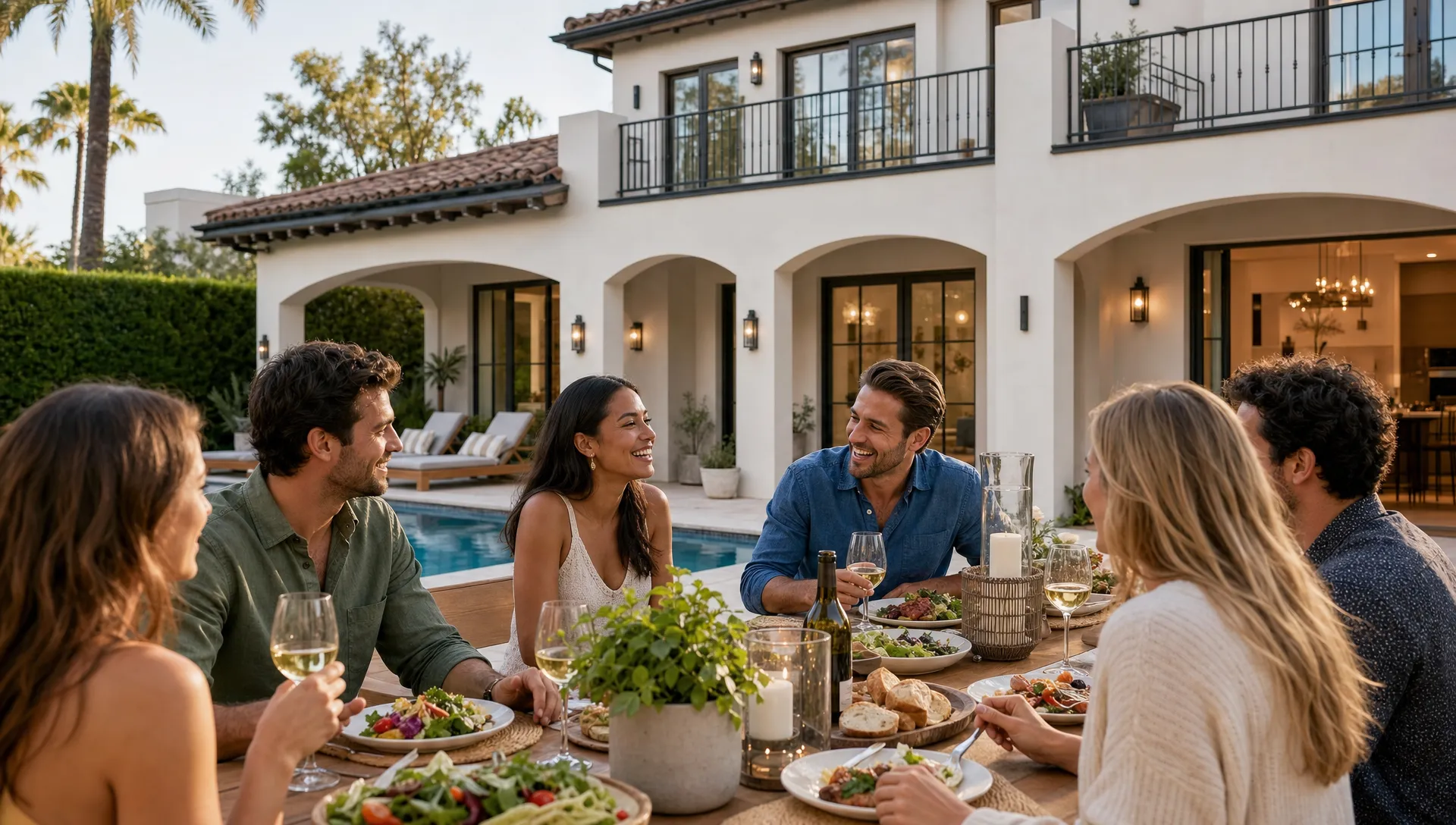 A group gathers at the outdoor dining area of a private villa, with the pool and spacious home behind them.