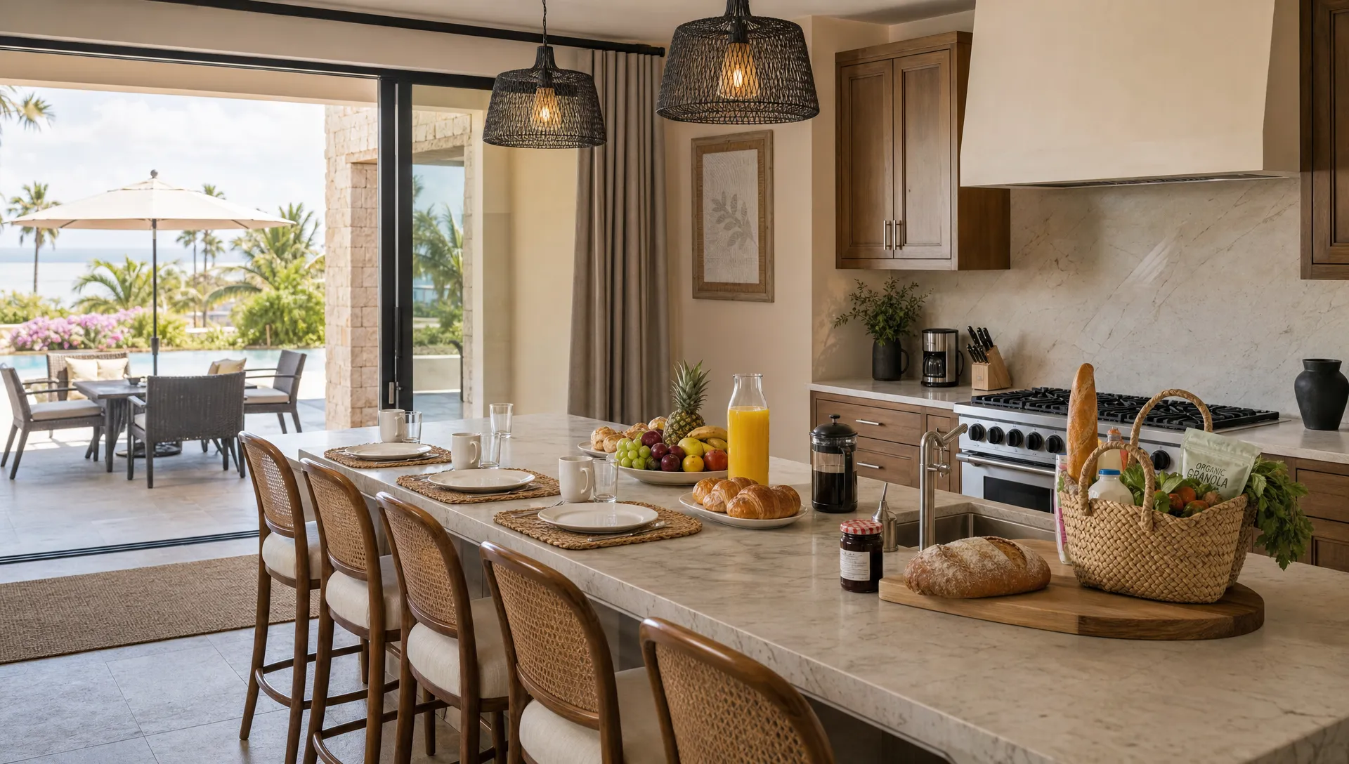 A private villa kitchen is set for a group breakfast, with a large island, groceries and place settings near the patio doors.