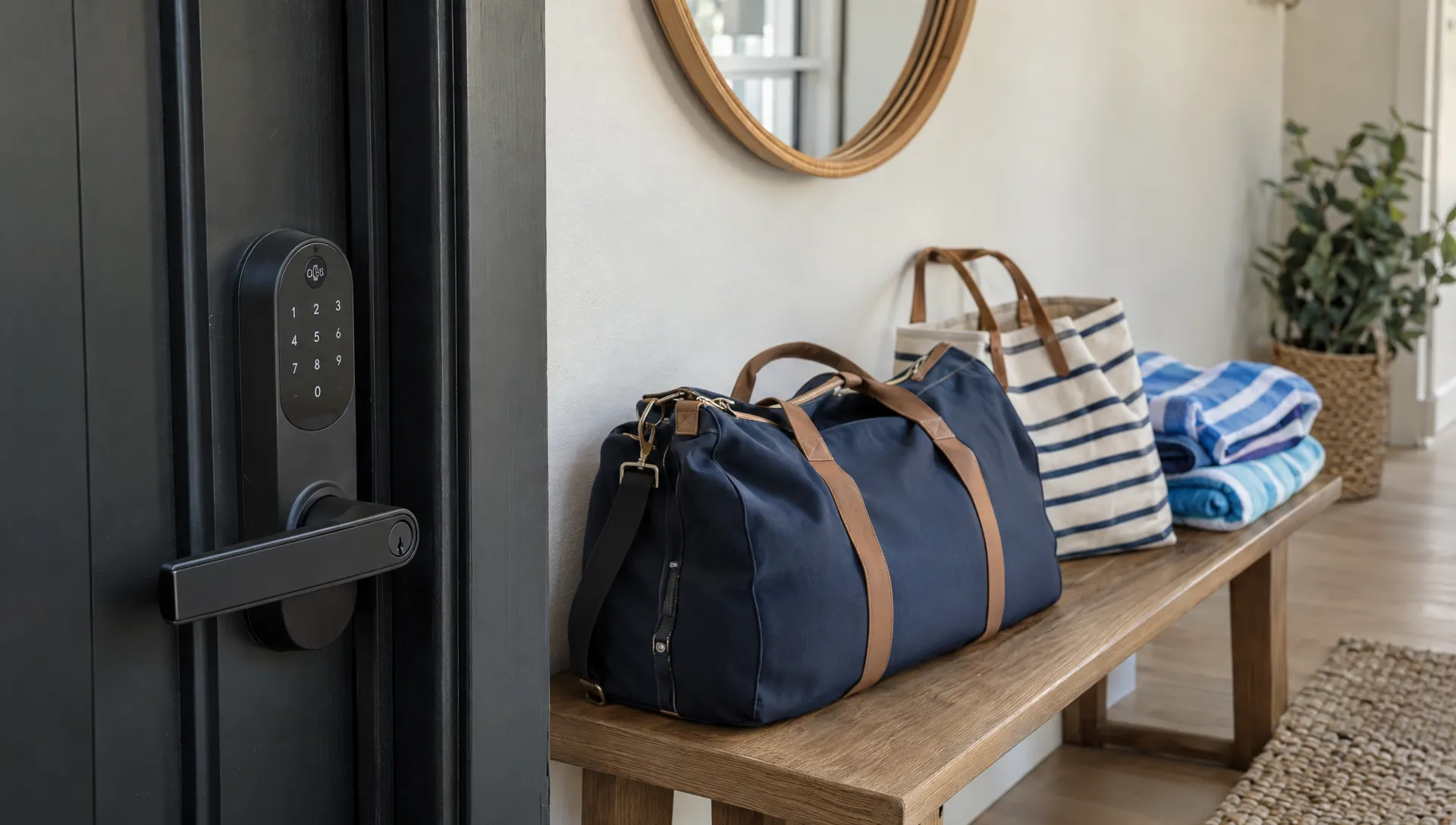 A close view of a smart lock installed beside the entrance of a Manhattan Beach rental, with packed weekend bags and folded beach towels on the entry bench.