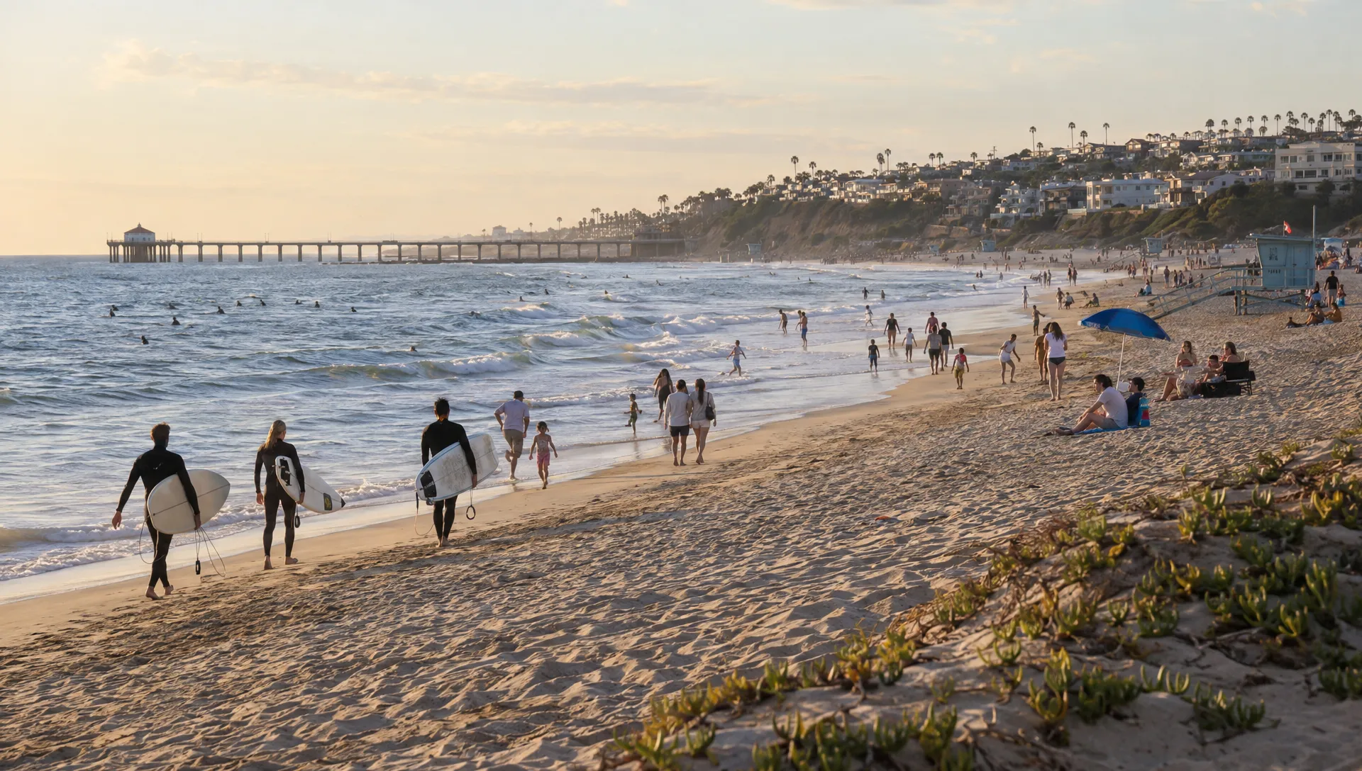 Beachgoers and surfers share the Manhattan Beach shoreline beneath the residential bluff, showing the coastal setting near local vacation homes.