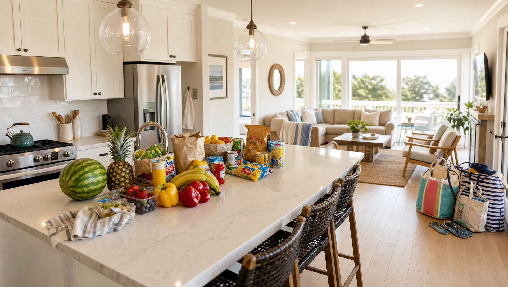 A bright kitchen and open living room are prepared for a summer group getaway, with groceries on the island and beach bags by the door.