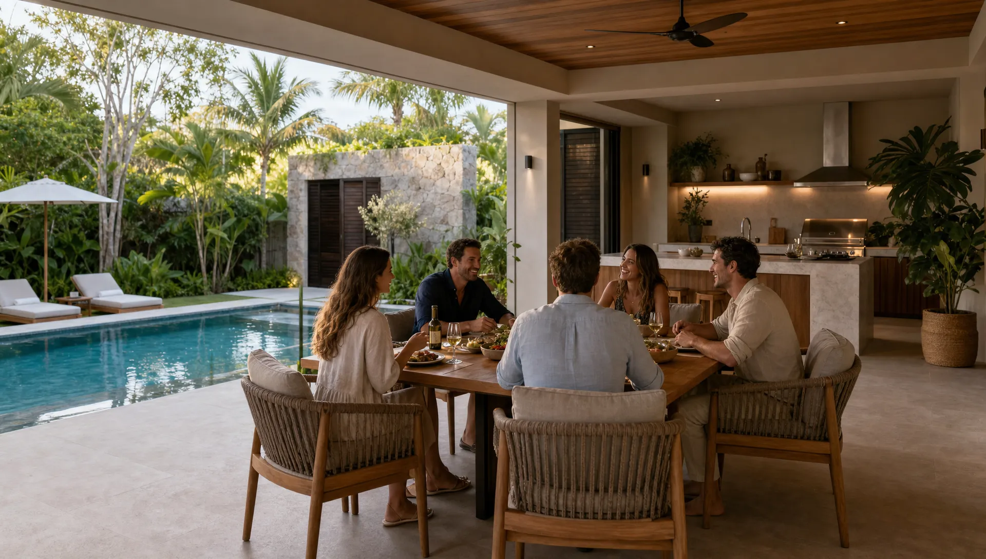 A group enjoys dinner on a shaded patio beside a private pool, with outdoor seating and an open kitchen nearby.