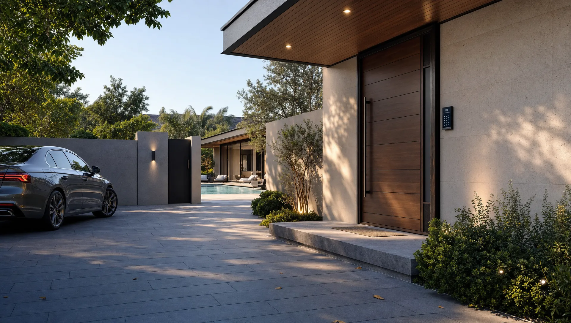 The exterior entry of a private luxury vacation home shows controlled access, parking, and a glimpse of the pool courtyard.