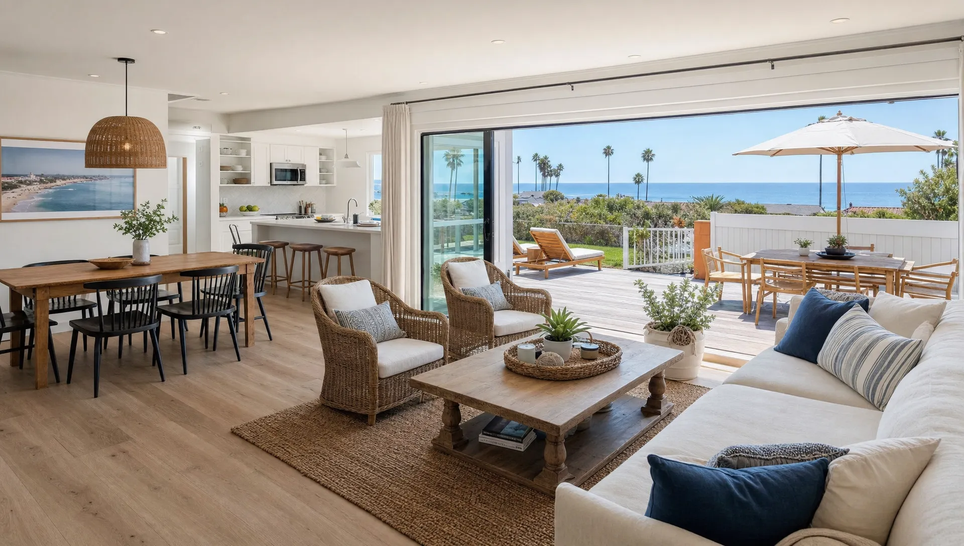 A bright open-plan living room in a California vacation rental, with large sliding doors opening to a private coastal patio, a dining table, and comfortable seating for a family beach stay.