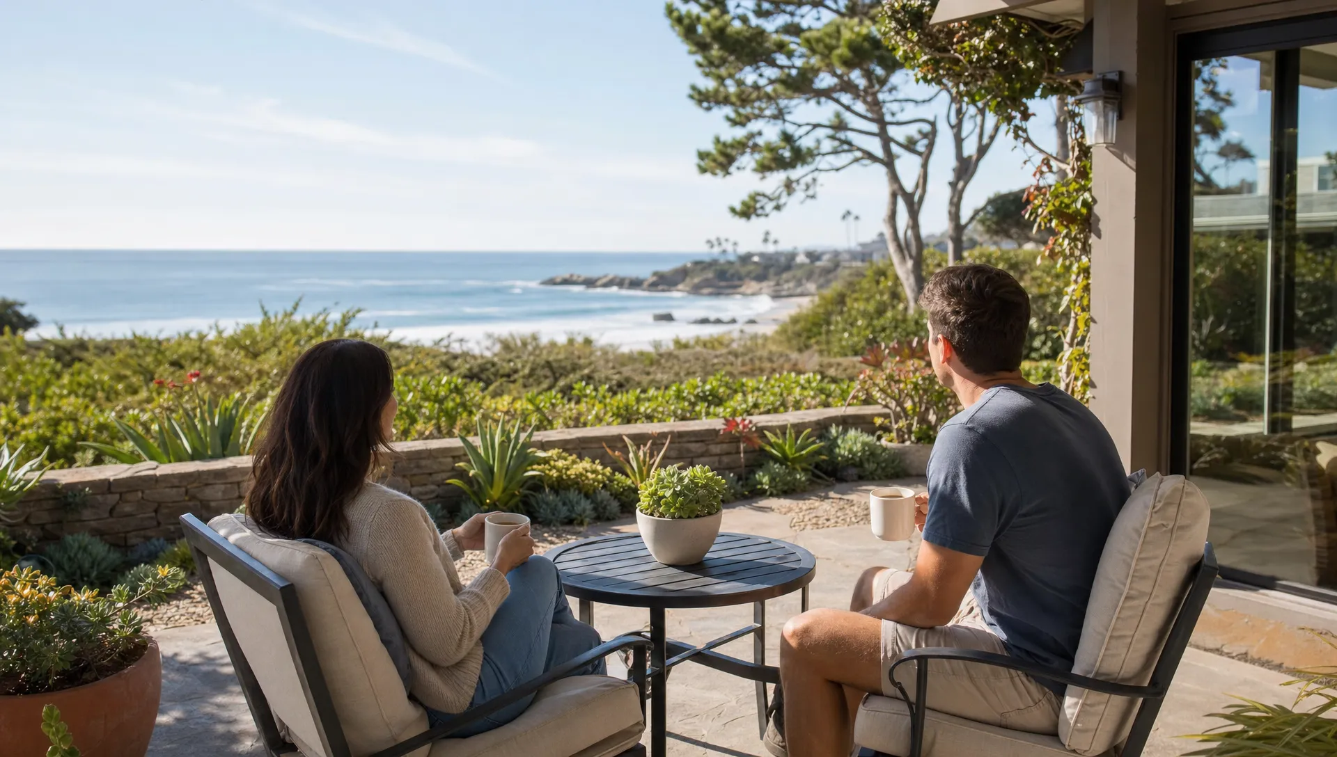 A couple having coffee on a private coastal patio at a California vacation rental, with greenery, comfortable seating, and a quiet morning setting near the ocean.