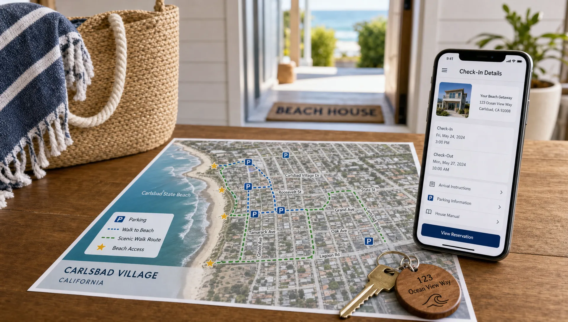 A conceptual coastal logistics scene centered on a detailed neighborhood map of a California beach town with the shoreline, parking locations, and walk routes marked, alongside a home key, a small beach bag, and a phone showing check-in details facing the camera. In the background, softly visible but not dominant, is a bright seaside home entry with the ocean hinted through an open doorway. No people visible. The composition should feel like a smart planning image about choosing the right California vacation rental, not an interior living-room scene.
