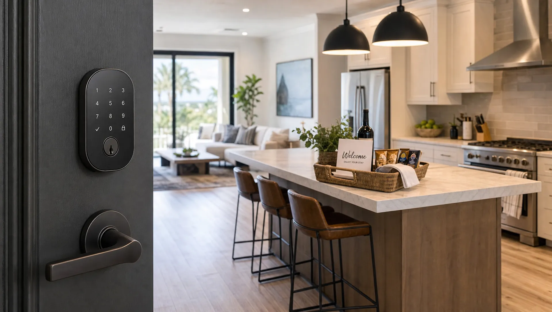 Smart lock keypad, welcome tray, and neatly staged kitchen in a luxury vacation rental for hands-off owners