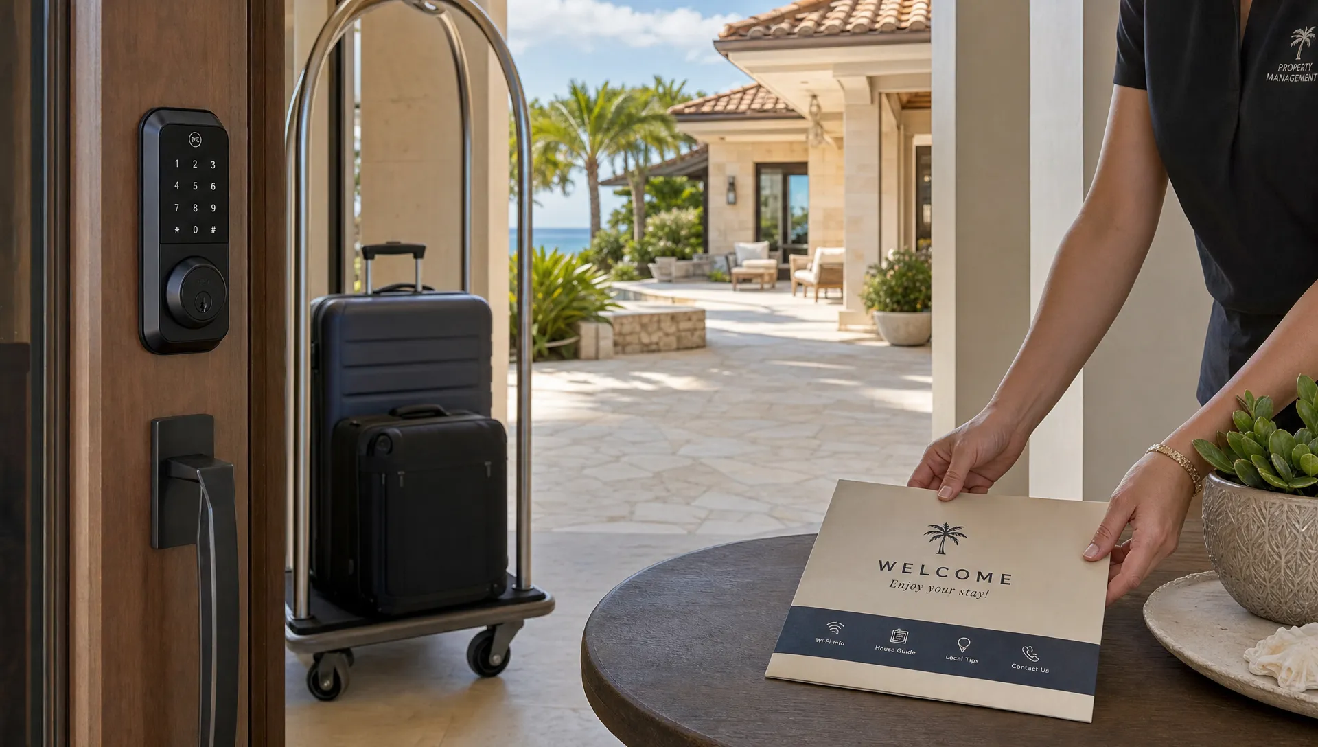 A wide, outdoor scene at a luxury vacation home showing a quiet driveway entrance with a smart lock at the front door, a luggage cart near the entry, and a property manager’s hands placing a welcome packet on a side table, with the home’s patio and landscaping visible in the background, conveying hands-off hospitality and smooth arrival.