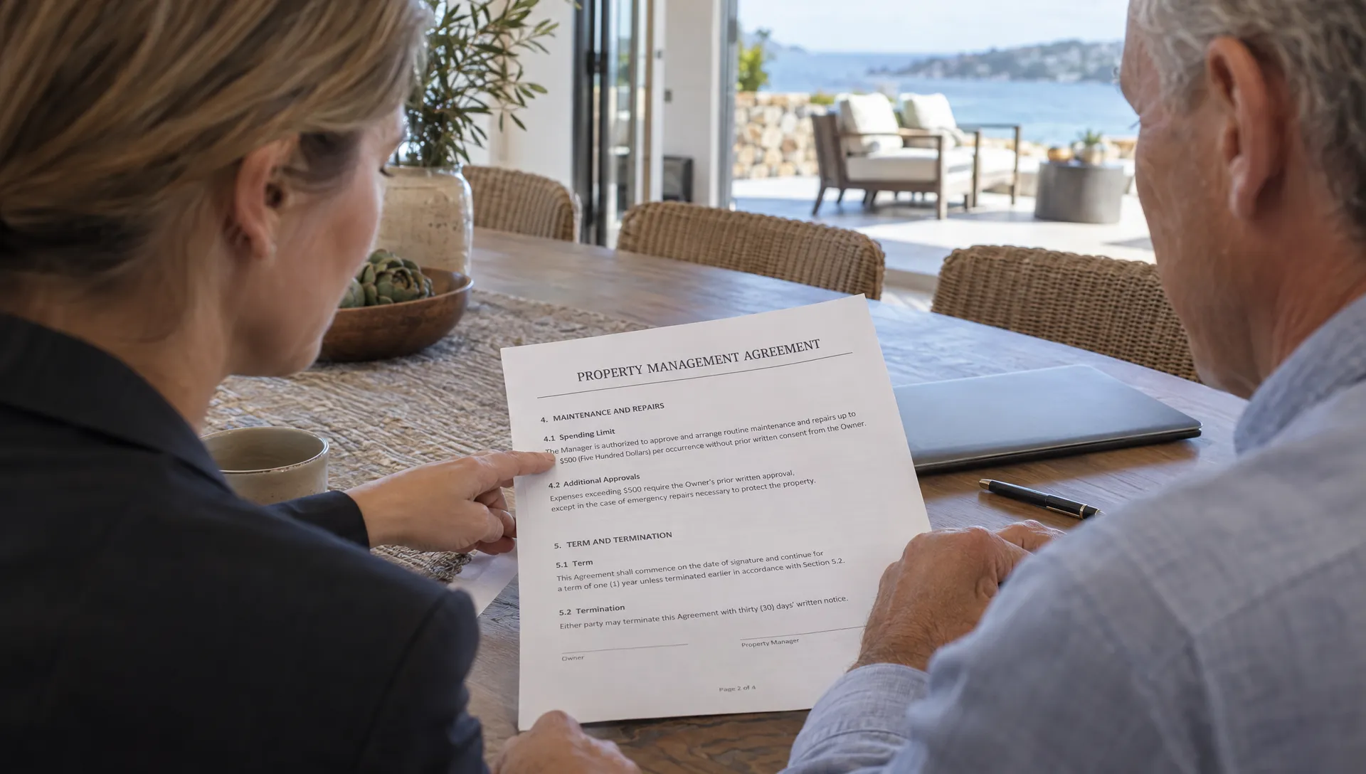 An owner and property manager review maintenance spending limits in a service agreement for a second home.