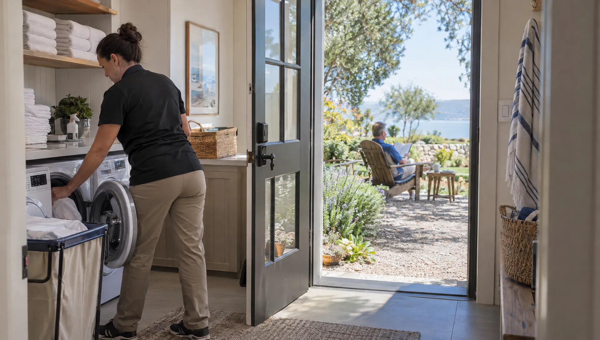 A homeowner relaxes in the garden while a property manager checks laundry and linens at a second home.