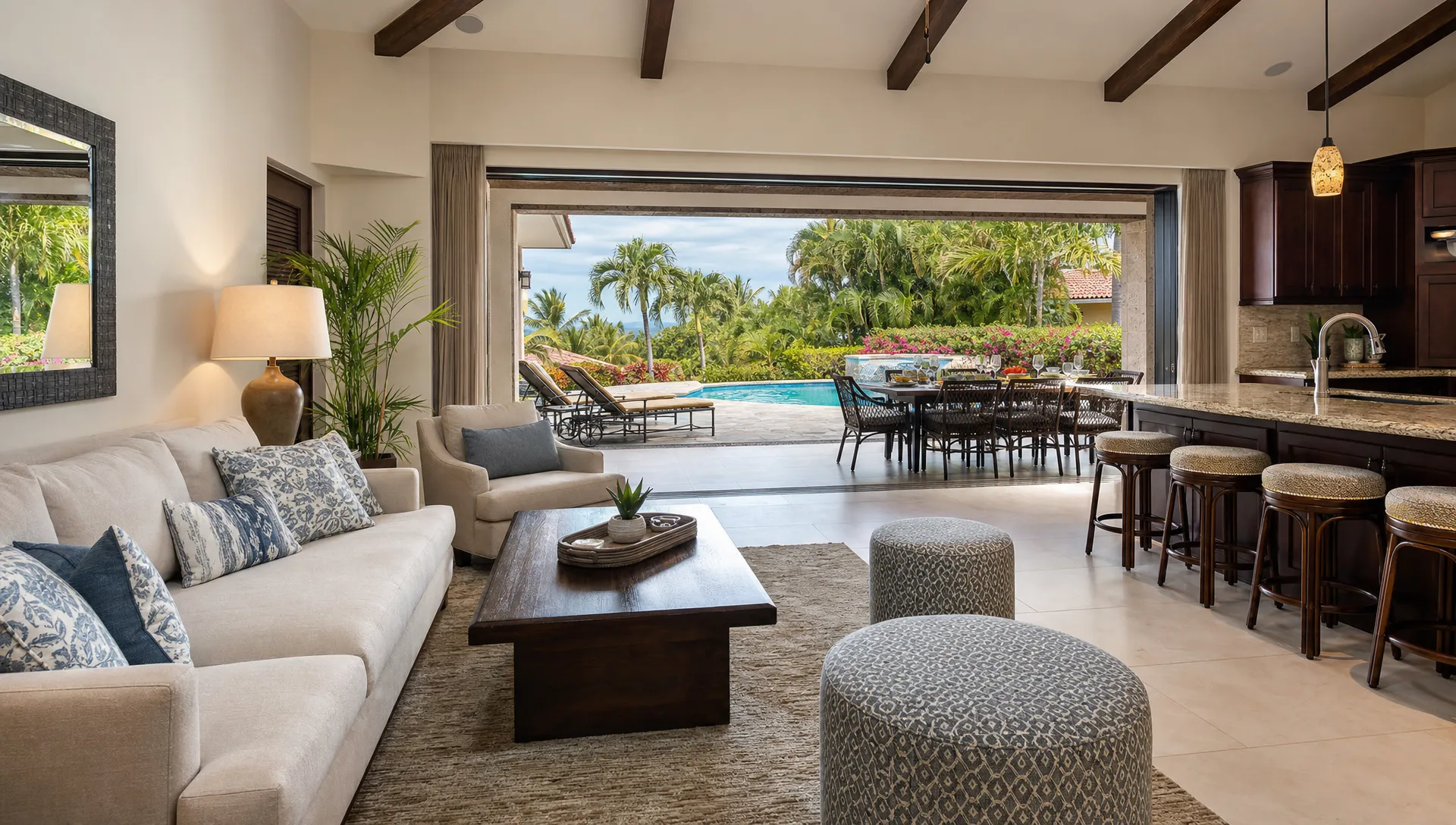 Private vacation lodging with a bright living room opening to a furnished patio, pool, and outdoor dining space prepared for a family stay.