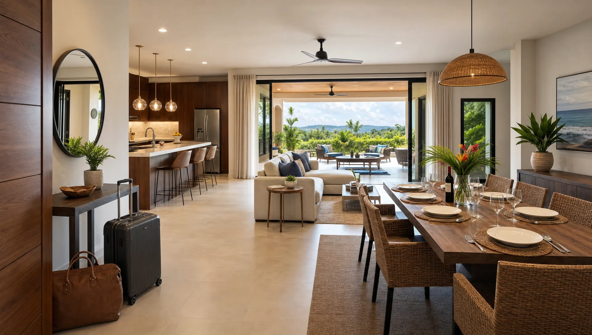 A wide interior scene of a well-designed private vacation home with an open-plan living room, dining area, and kitchen flowing into a furnished patio through large sliding doors, with luggage near the entry, a set table, and a calm sense of a stay that is organized, private, and easy from arrival to dinner.