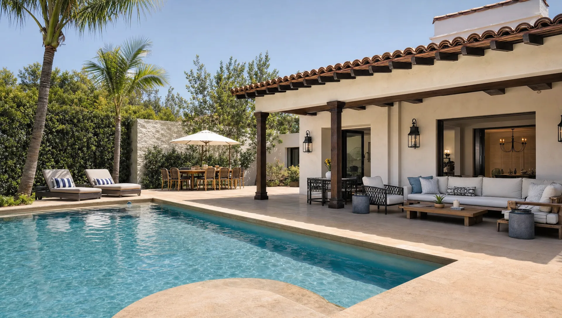 Private backyard with pool, lounge seating, and outdoor dining at a resort vacation rental designed for guests who want space and privacy.