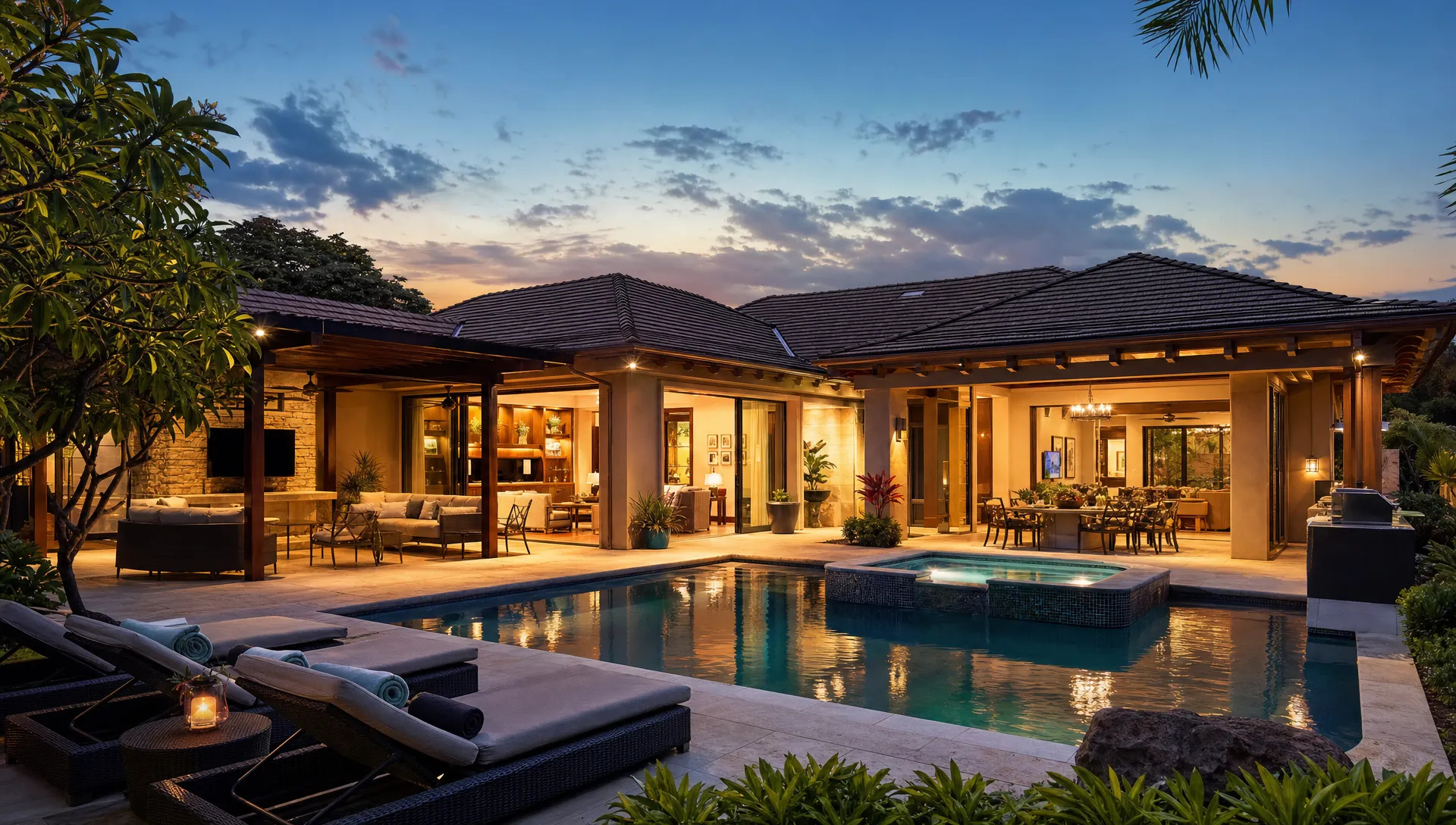 A private vacation home shows a pool deck, patio, and outdoor dining area, emphasizing resort-style space and independence.