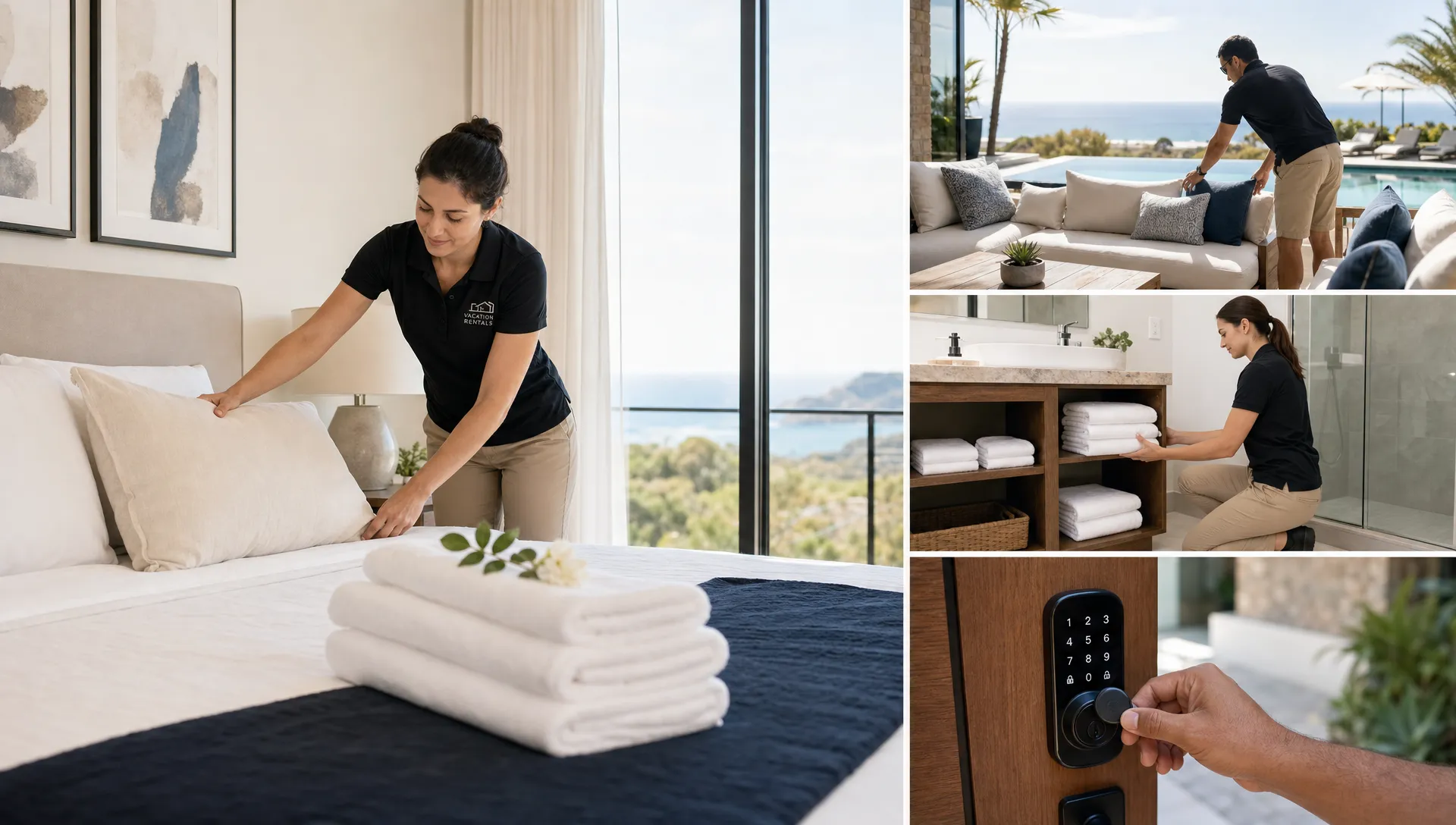 Vacation rental company preparing a luxury private home for guest arrival with fresh linens, inspected outdoor seating, stocked towels, and smart lock access ready before check-in