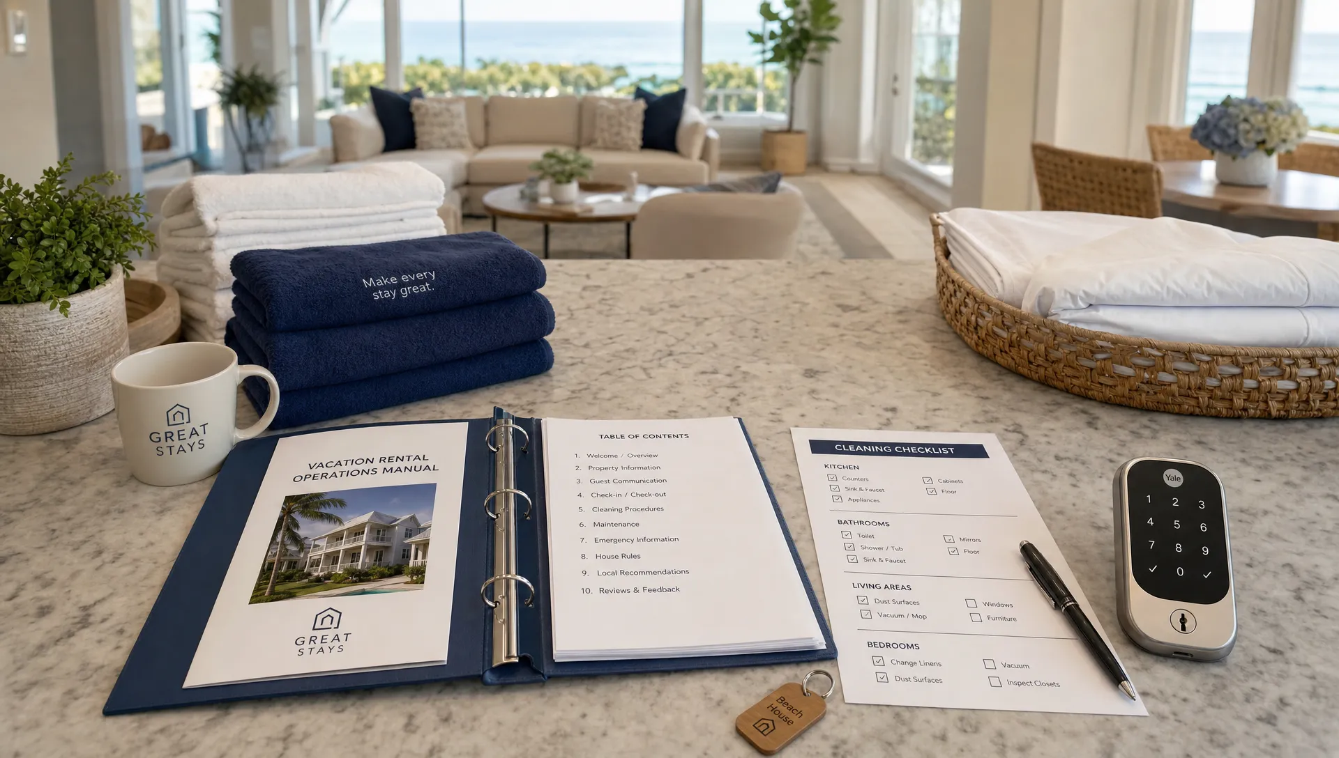 A wide interior scene of a luxury vacation rental operations setup in a bright kitchen or dining area, with an open property binder, printed cleaning checklist, keyless entry device, neatly stacked towels and linens, and a calm view toward a well-kept living space beyond, conveying hands-on management, guest readiness, and protection of the home as an asset.