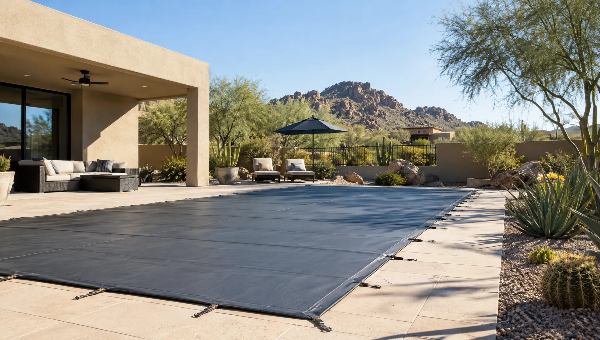 A Scottsdale vacation home's pool cover, shaded seating and desert landscaping show amenities and upkeep that owners should factor into nightly rates.