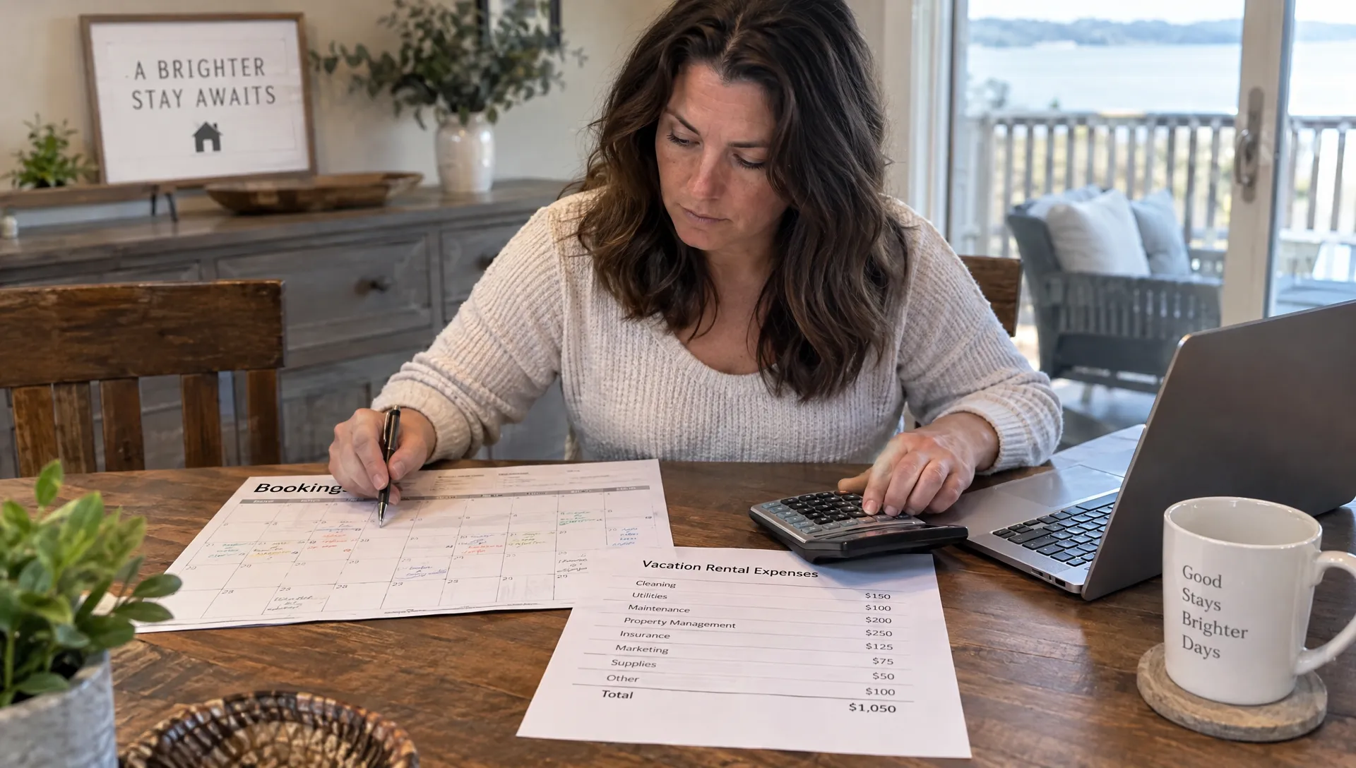 A vacation-rental owner compares a paper booking calendar, calculator and expense worksheet while reviewing pricing assumptions at the dining table.