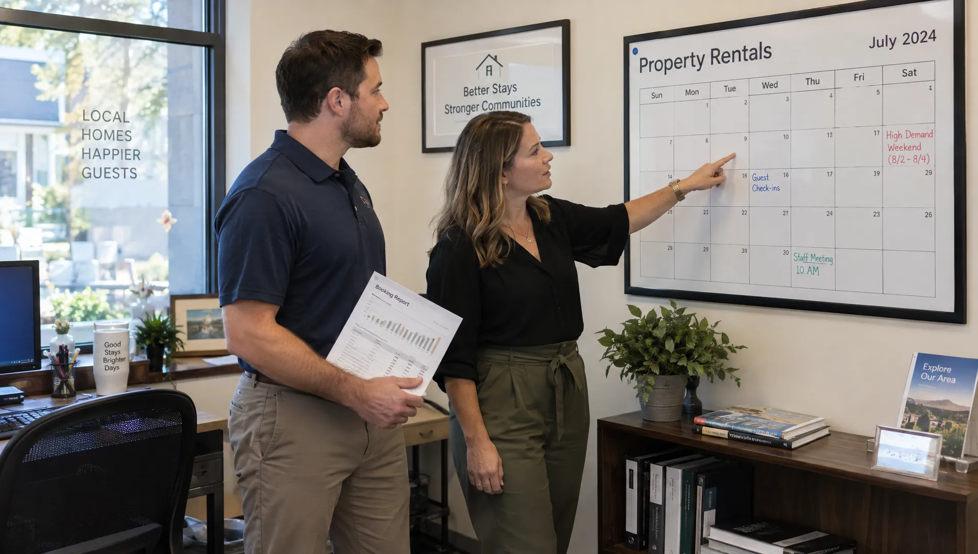 Two property managers discuss upcoming reservations beside a calendar while weighing rates for a busy rental weekend.