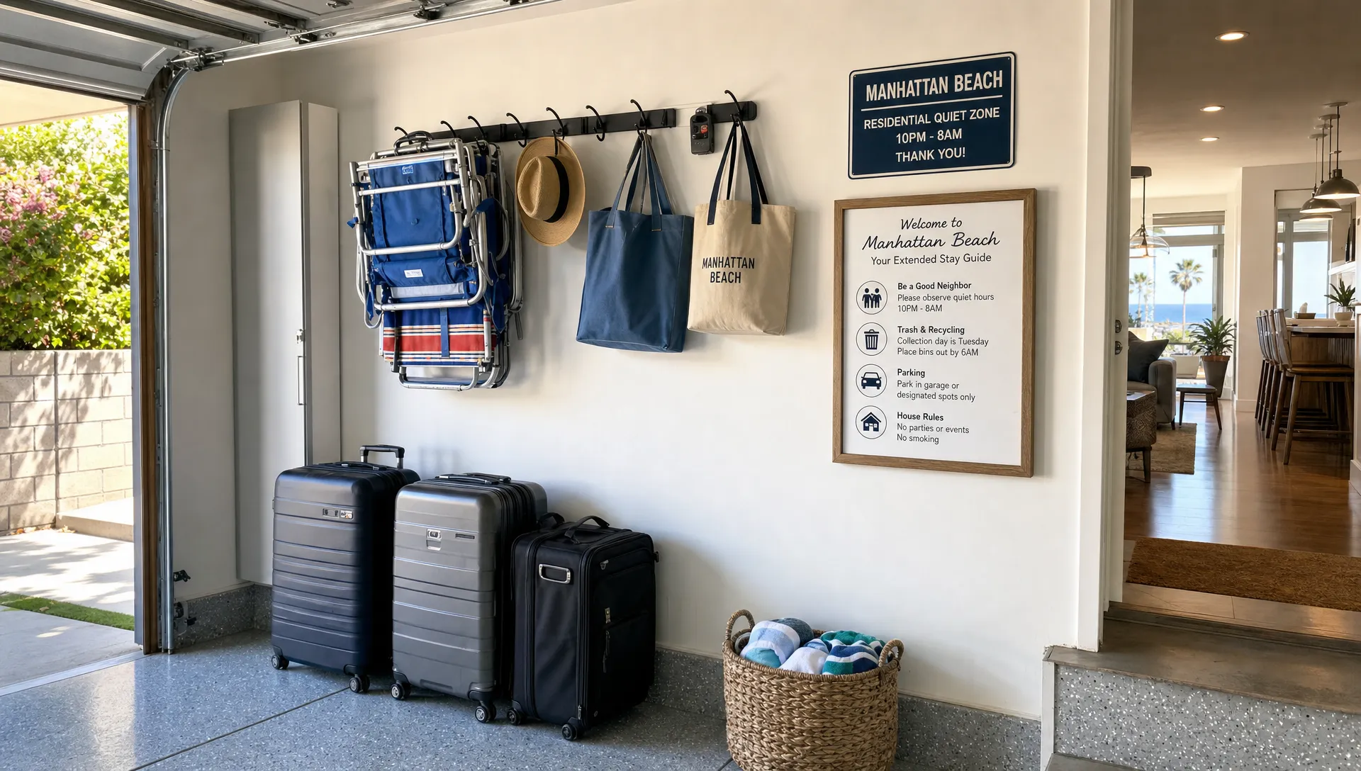 A Manhattan Beach home entry shows organized parking, luggage, and a welcome guide for a compliant extended stay.