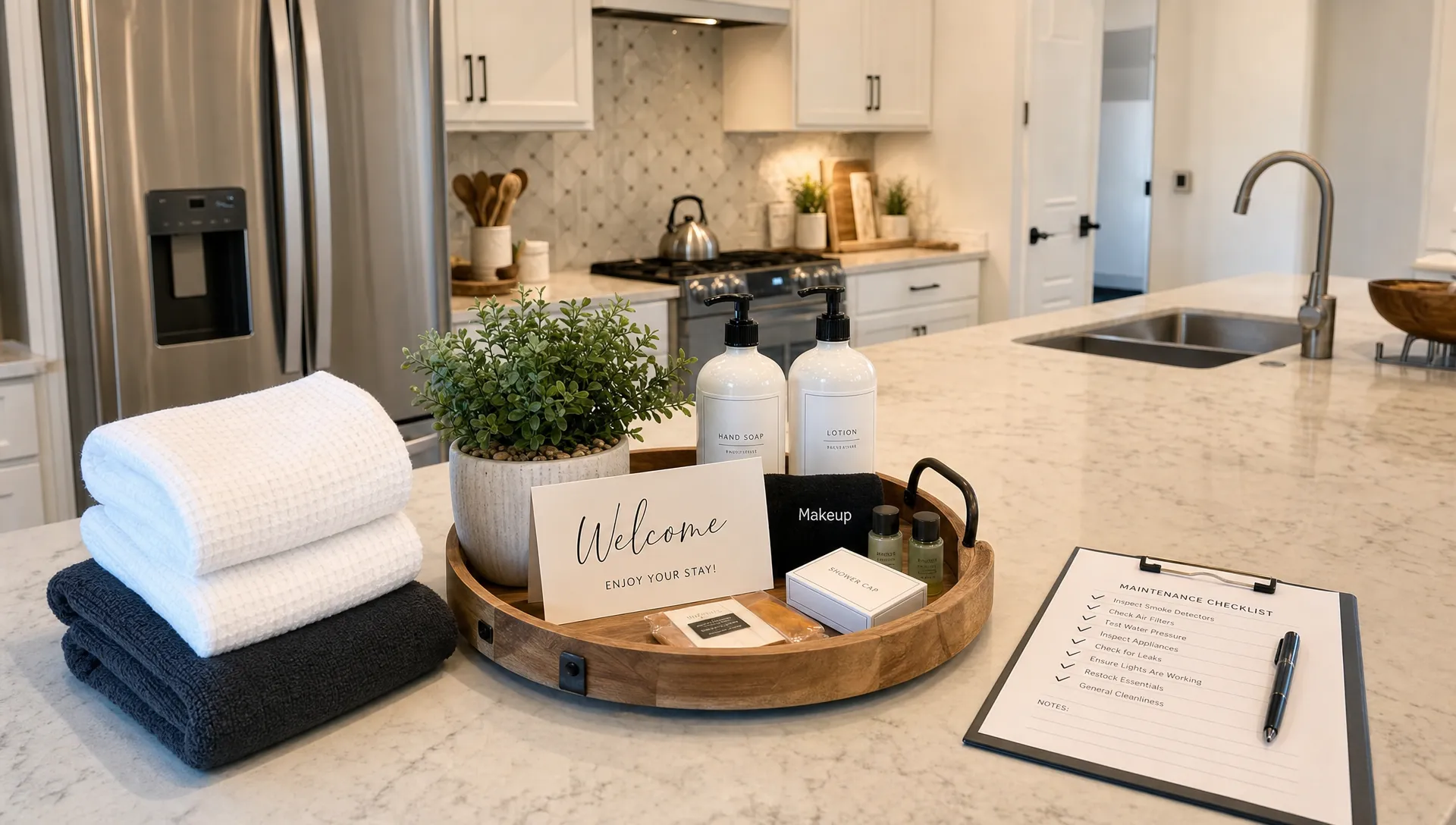 A prepared luxury rental kitchen shows folded towels, guest essentials and a maintenance checklist on the counter.
