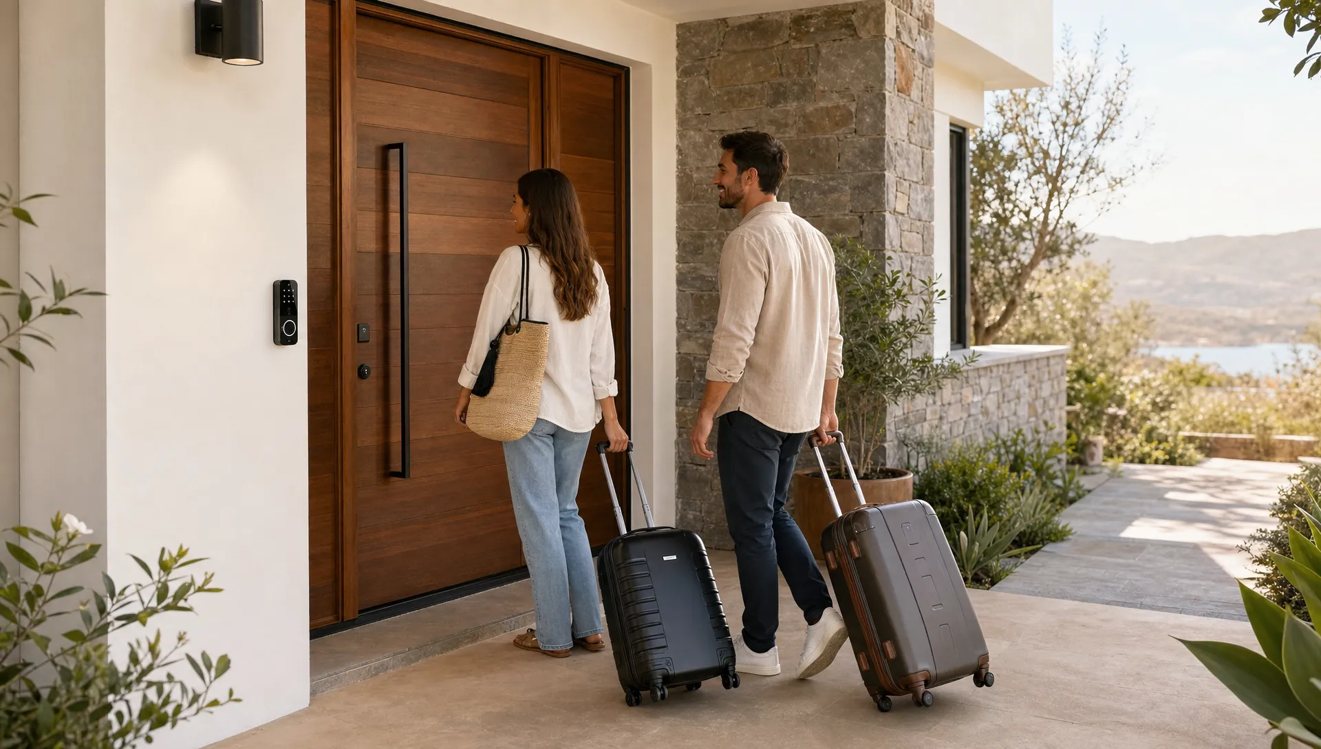 Guests arrive at a luxury vacation rental entry with a smart lock and luggage by the door.