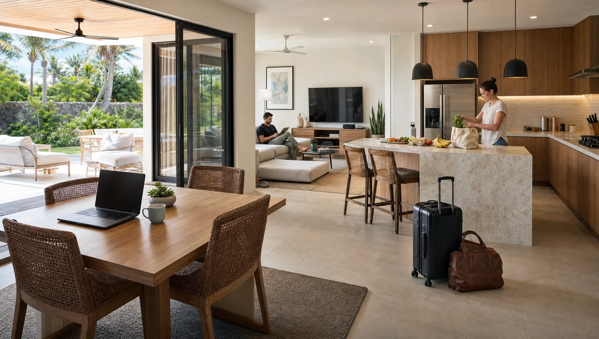 A couple settles into a luxury vacation rental for an extended stay with work and groceries in place.