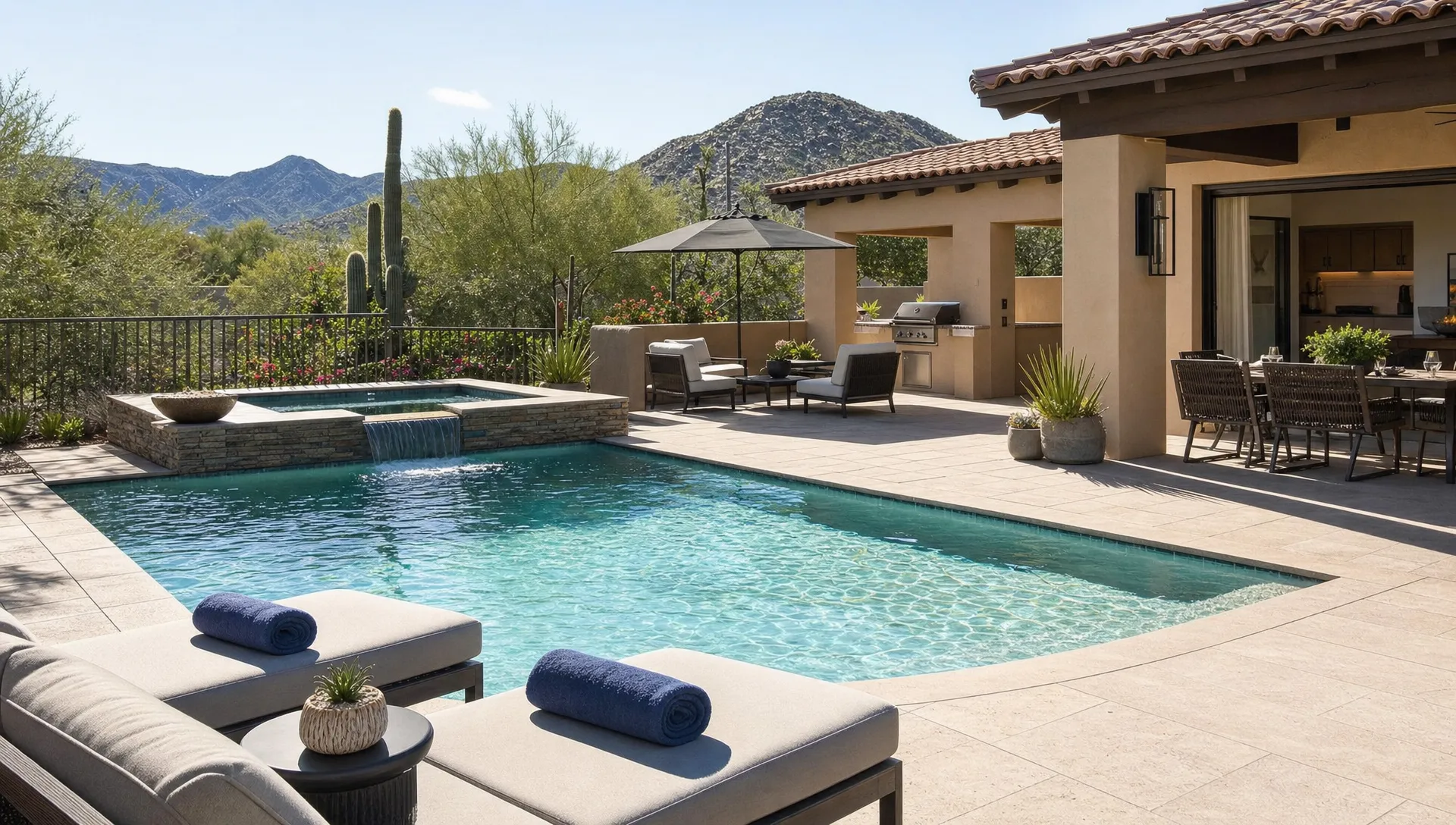 A private Scottsdale pool with shaded seating, lounge chairs and easy access to the patio for a relaxed day.