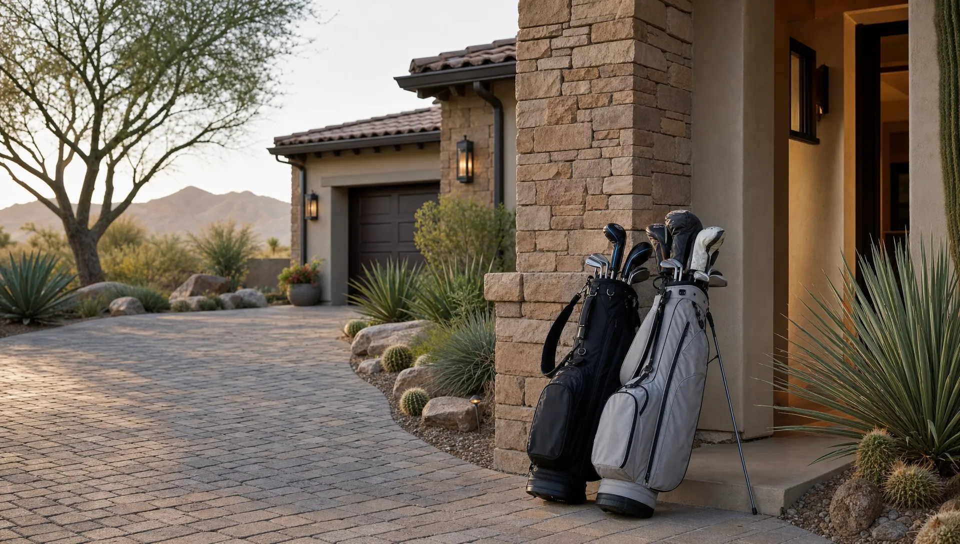 Golf bags rest by a Scottsdale vacation home entry with a private driveway and desert plants before an early tee time.