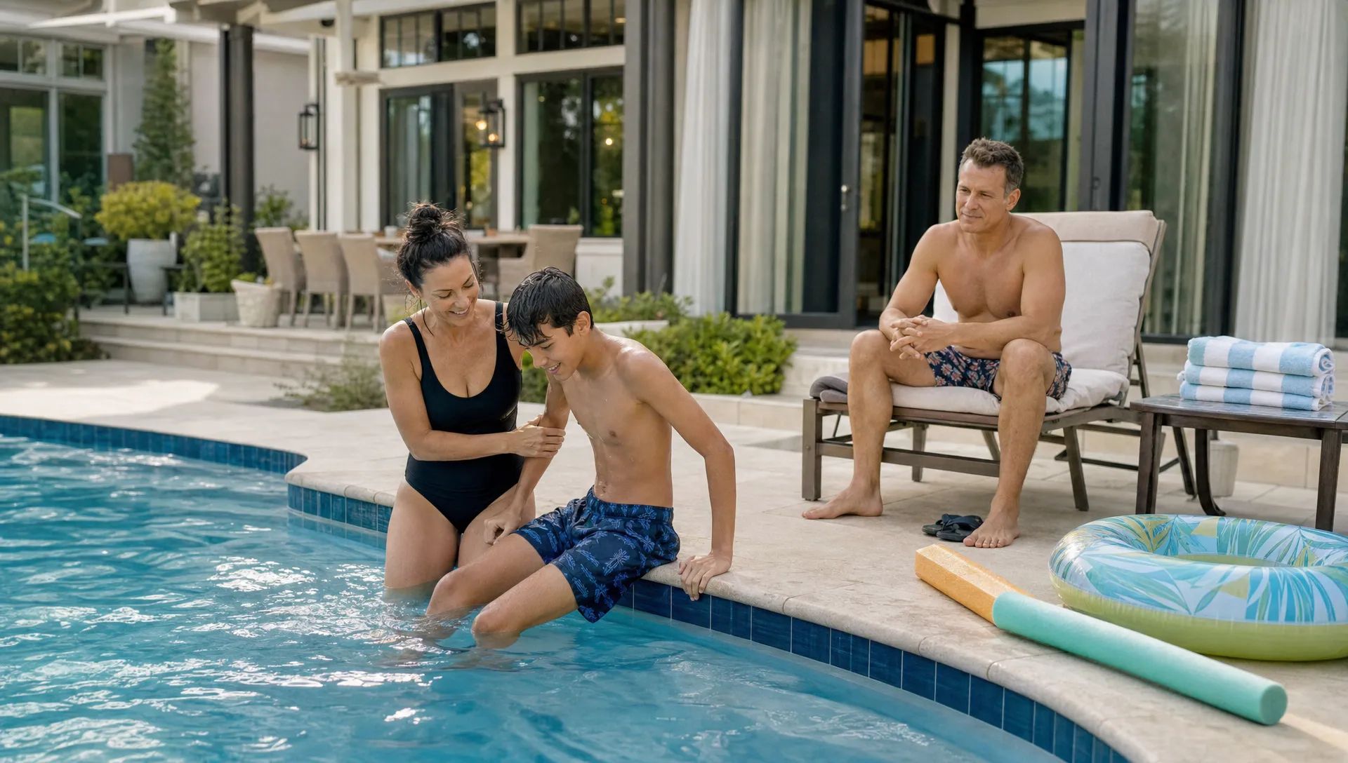 A family enjoys a heated pool at a private vacation rental during a cool-weather stay.